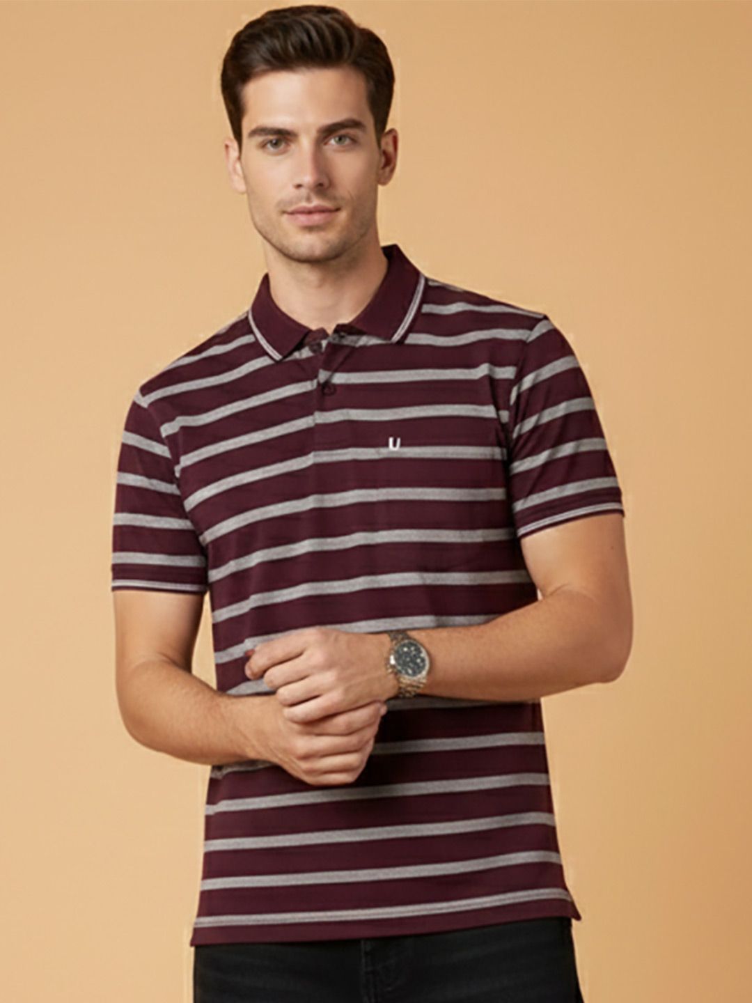 UNIBERRY JEANS Men Striped Polo Collar Pockets T-shirt