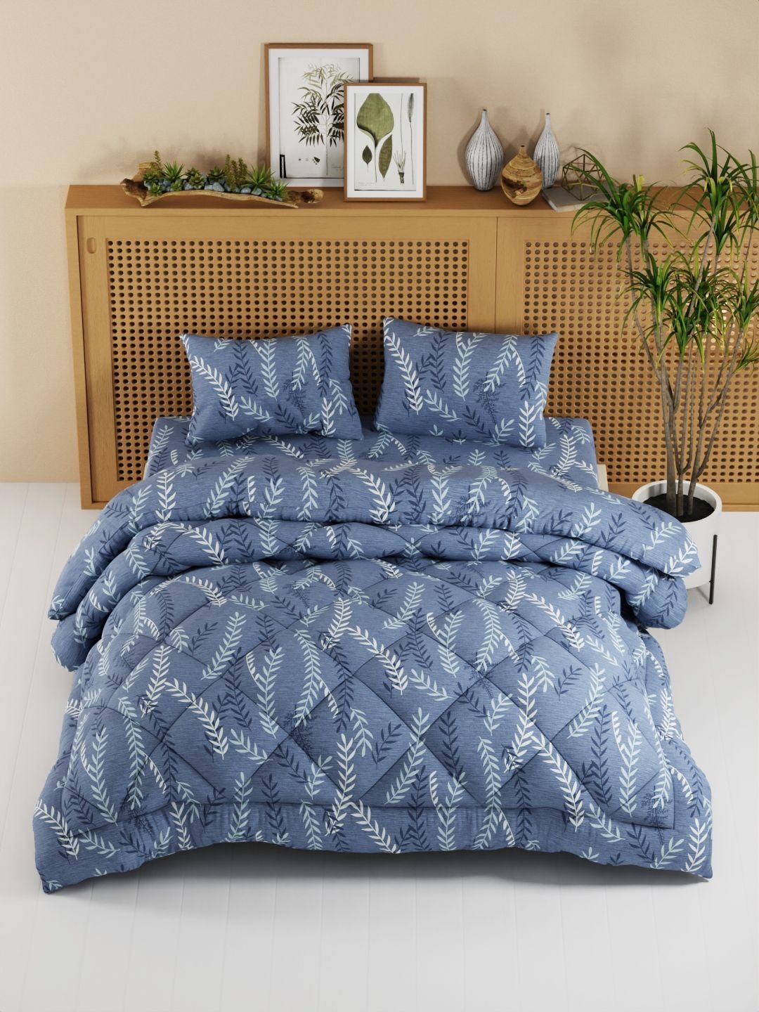 KOPA Navy Blue & White Floral Other 4 Piece Double King Regular Bedding Set