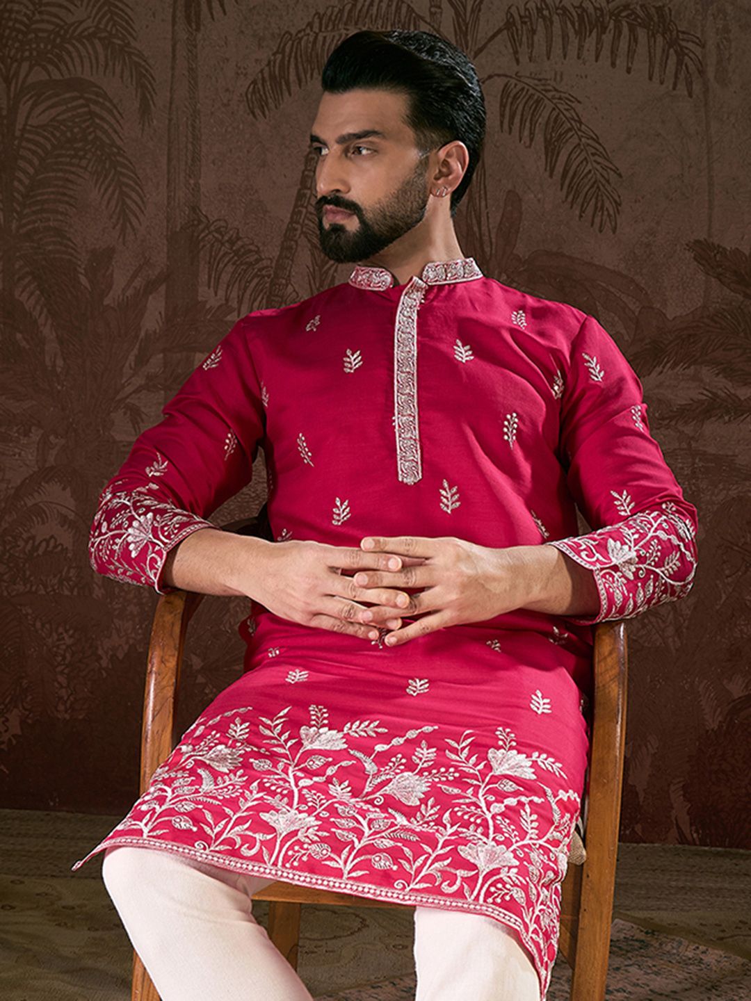 Mandarin Collar Kurtas House of Pataudi Embroidered Mandarin Collar Calf Length Straight Kurtas