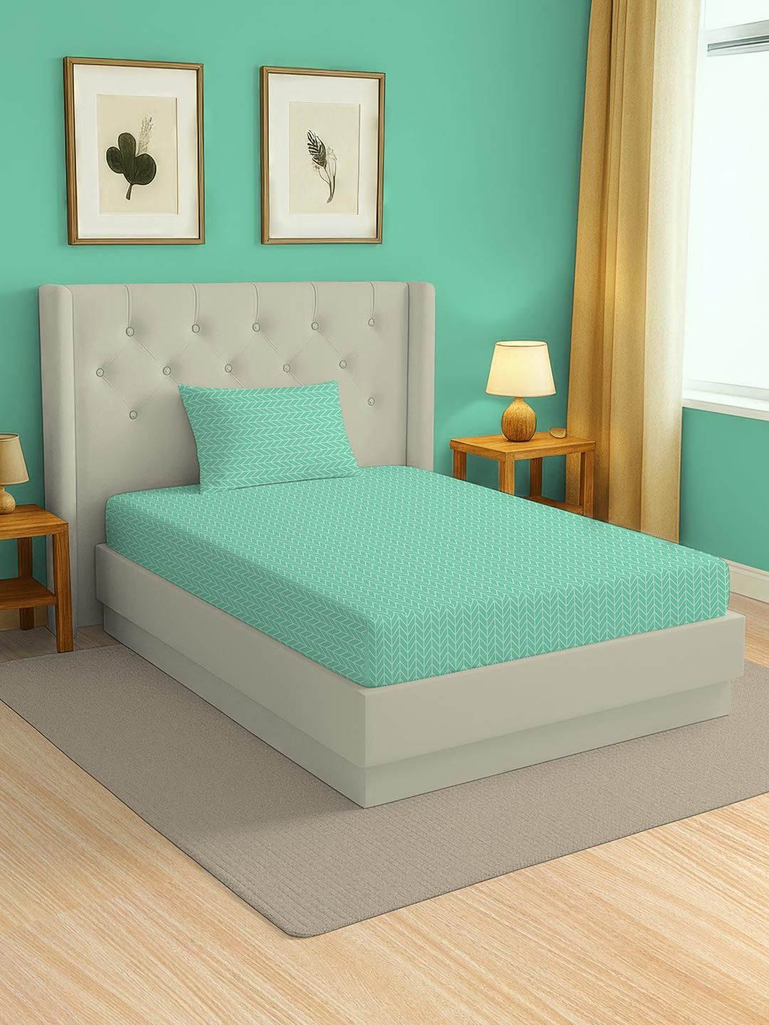 SWAYAM SWAYAM Pure Magic Green Geometric Cotton 144 TC King Superfine Bedsheet with a Pillow Cover-90 x 60 inches