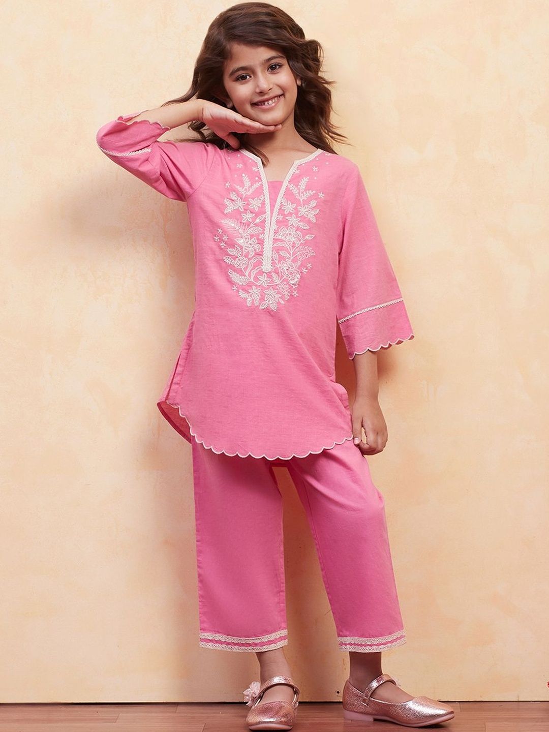 Biba Biba Girls Ethnic Motifs Embroidered Regular Thread Work Kurti with Trousers