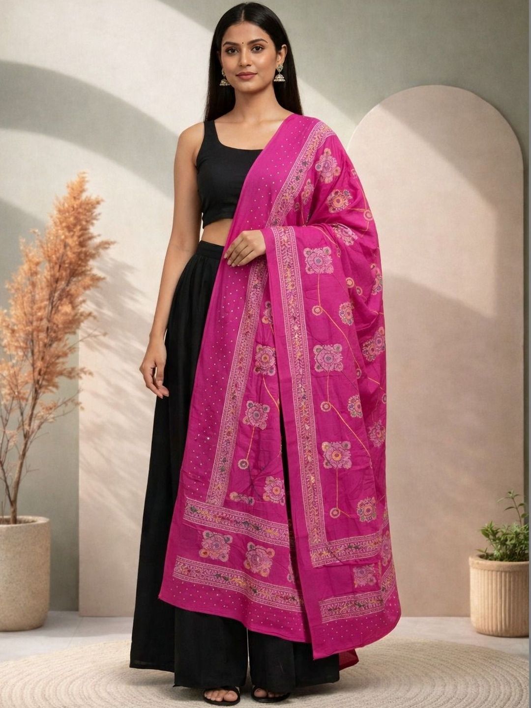 HERE&NOW Ethnic Motifs Embroidered Dupatta with Mirror Work