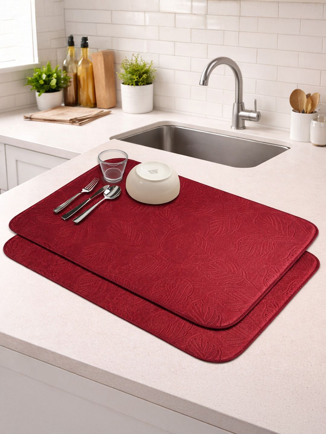 Aura Unisex 2Pcs Self Design Anti-Skid Microfiber Dish Drying Kitchen Mats
