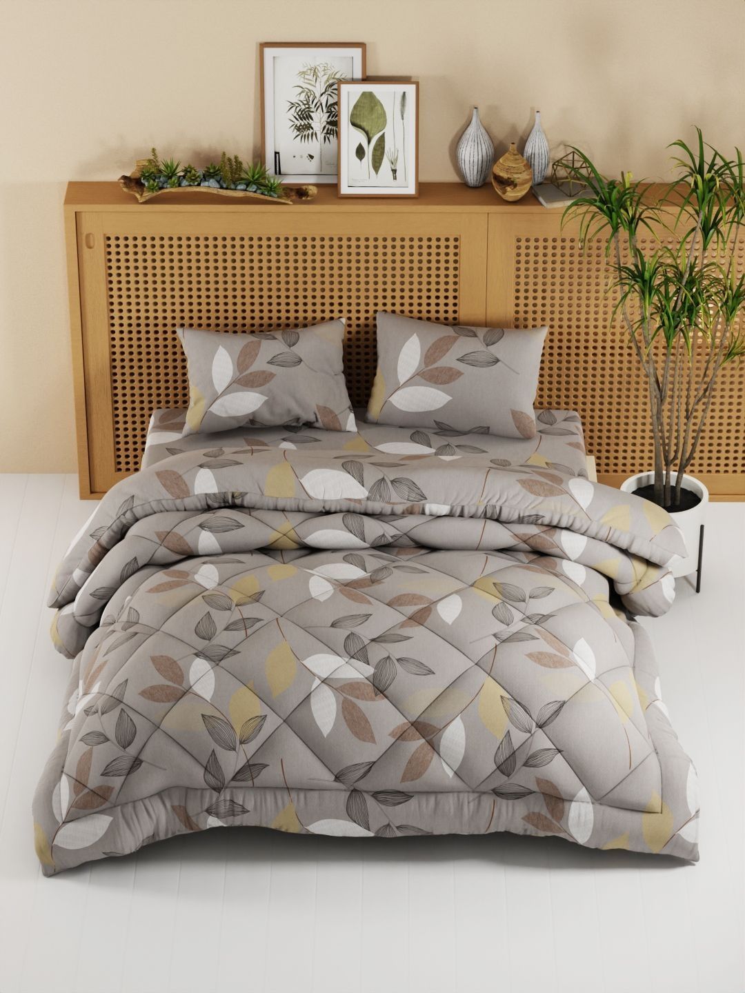 KOPA Grey & White Floral Other 4 Piece Double King Regular Bedding Set