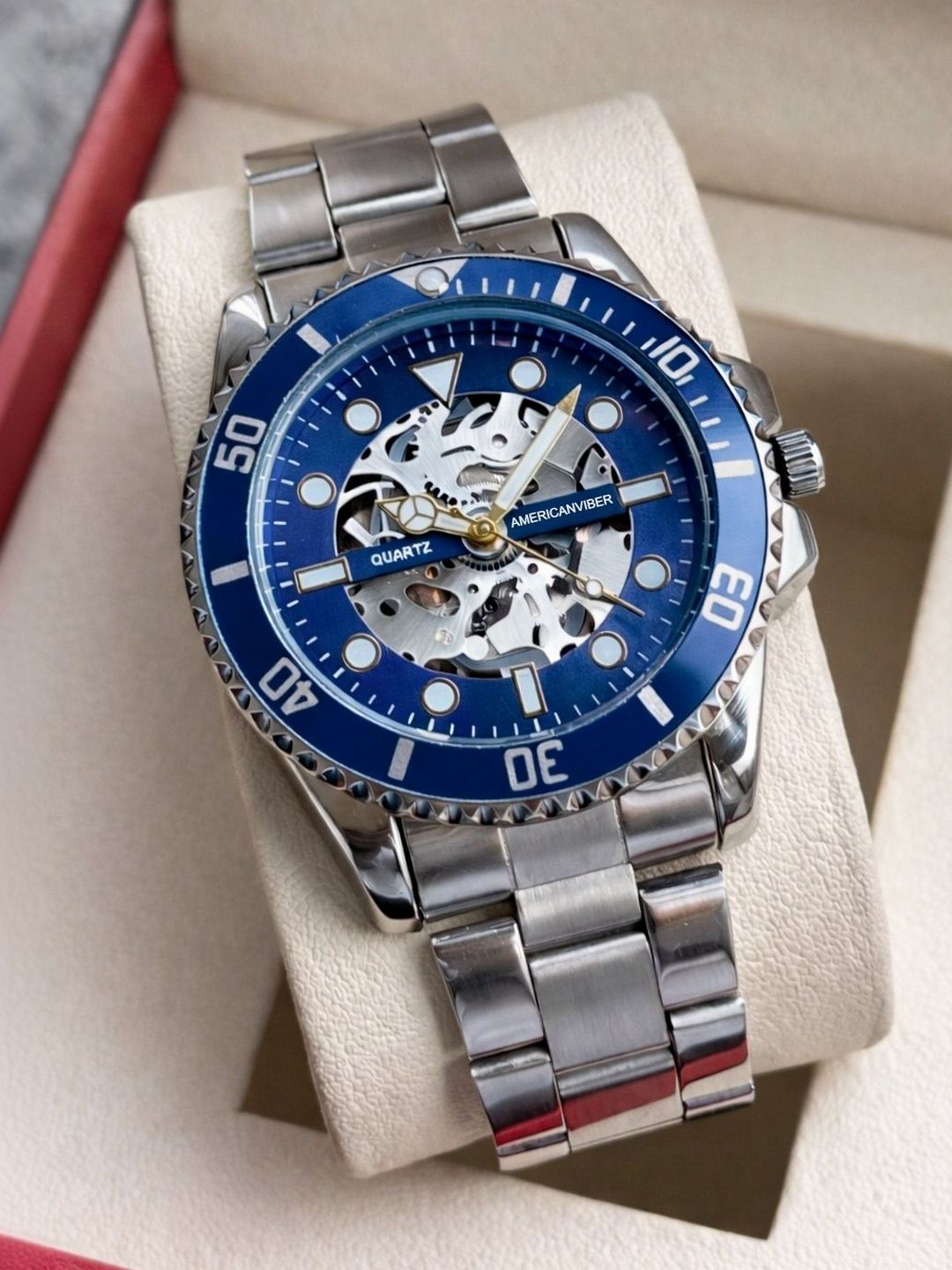 Americanviber Unisex Skeleton Dial & Stainless Steel Bracelet Style Straps Analogue Multi Function Watch