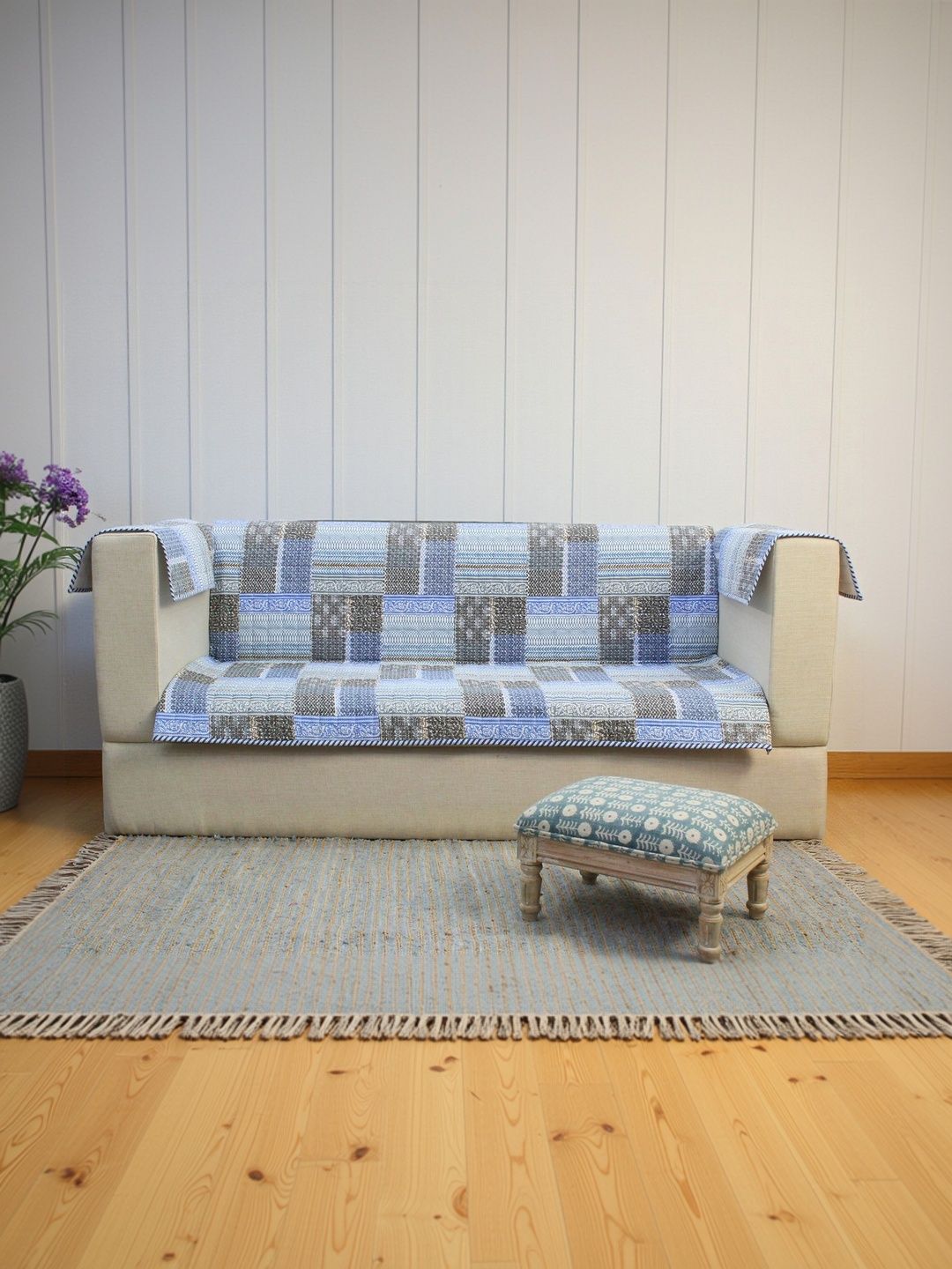 eyda Blue & Blue Printed Cotton Blend 3 Piece Sofa Cover With Arms