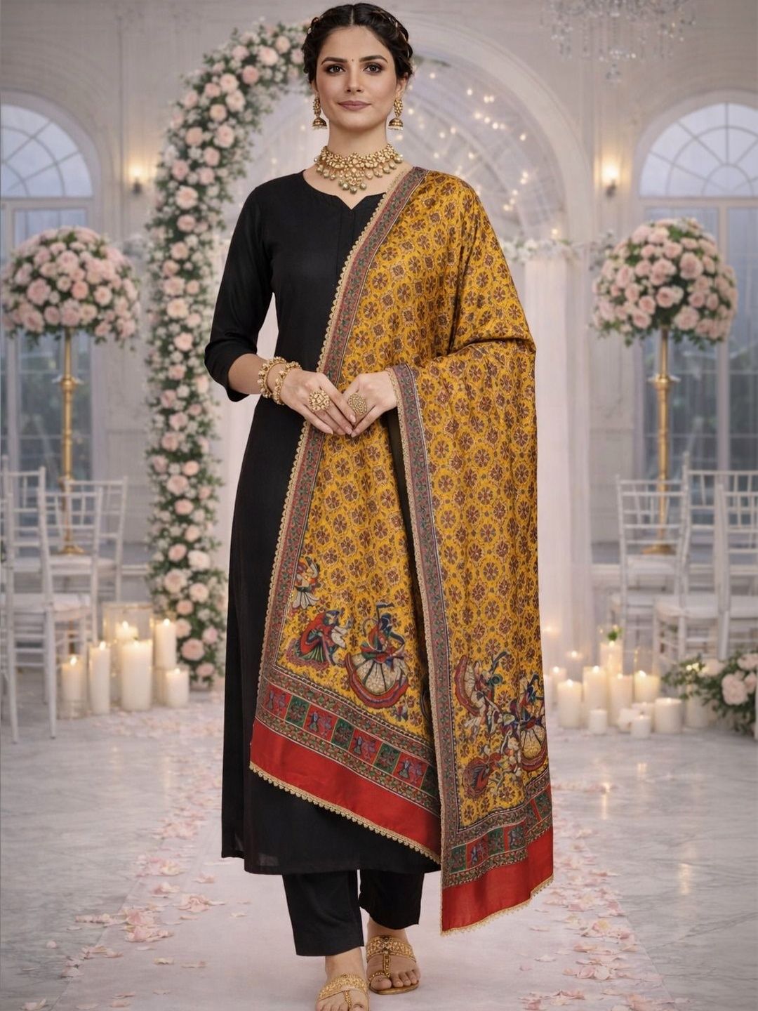 HERE&NOW Ethnic Motifs Printed Kalamkari Dupatta with Gotta Patti