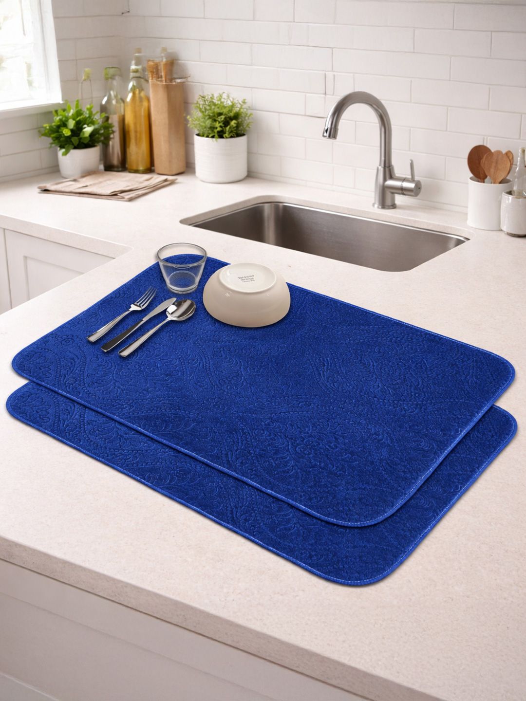 Aura 2Pcs Blue Self Design Anti-Skid Microfiber Dish Drying Kitchen Mats