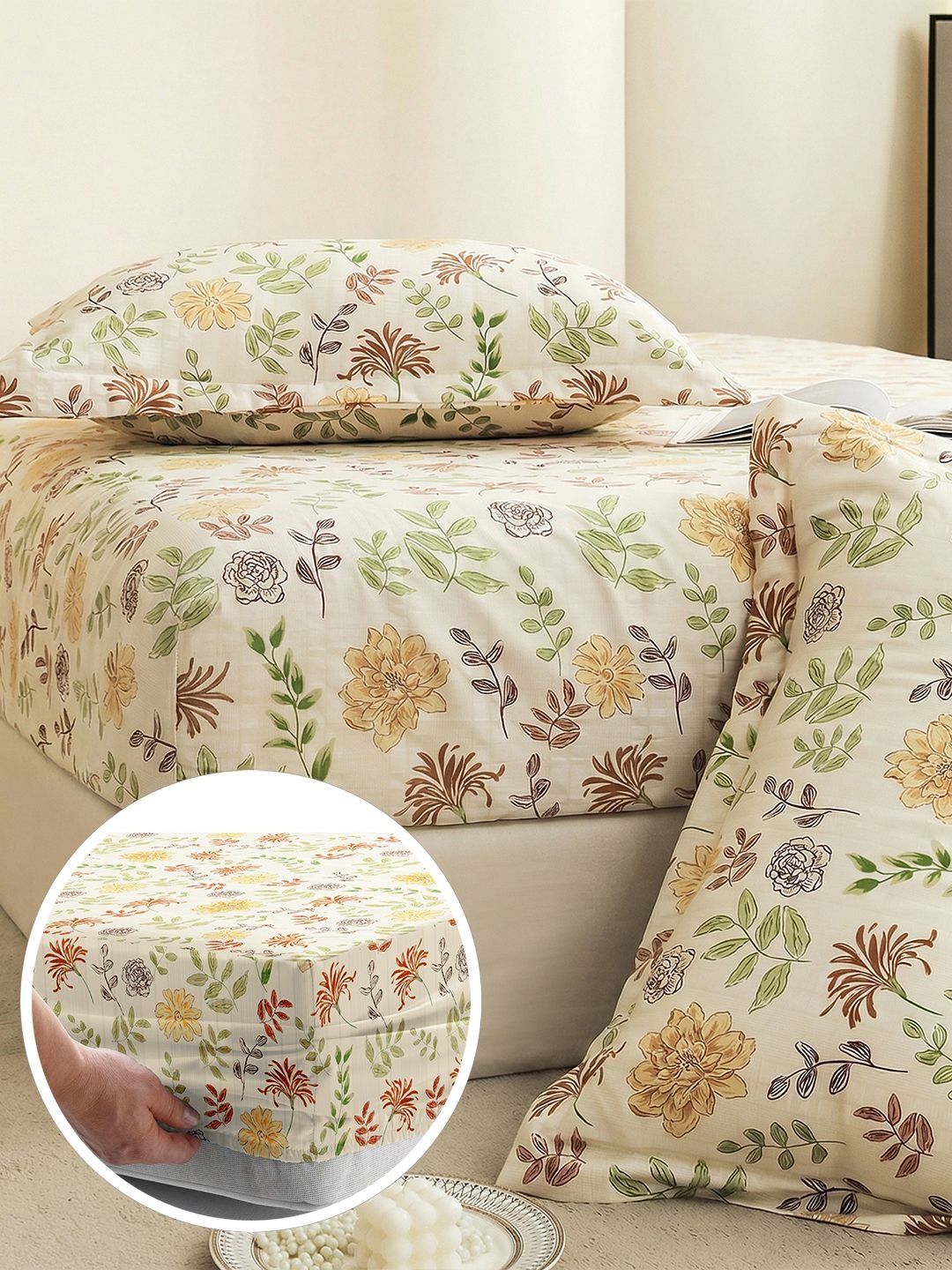 210TC King Fitted Bedsheet Story@home Off White & Yellow Floral 210 TC King Bedsheet with 2 Pillow Covers