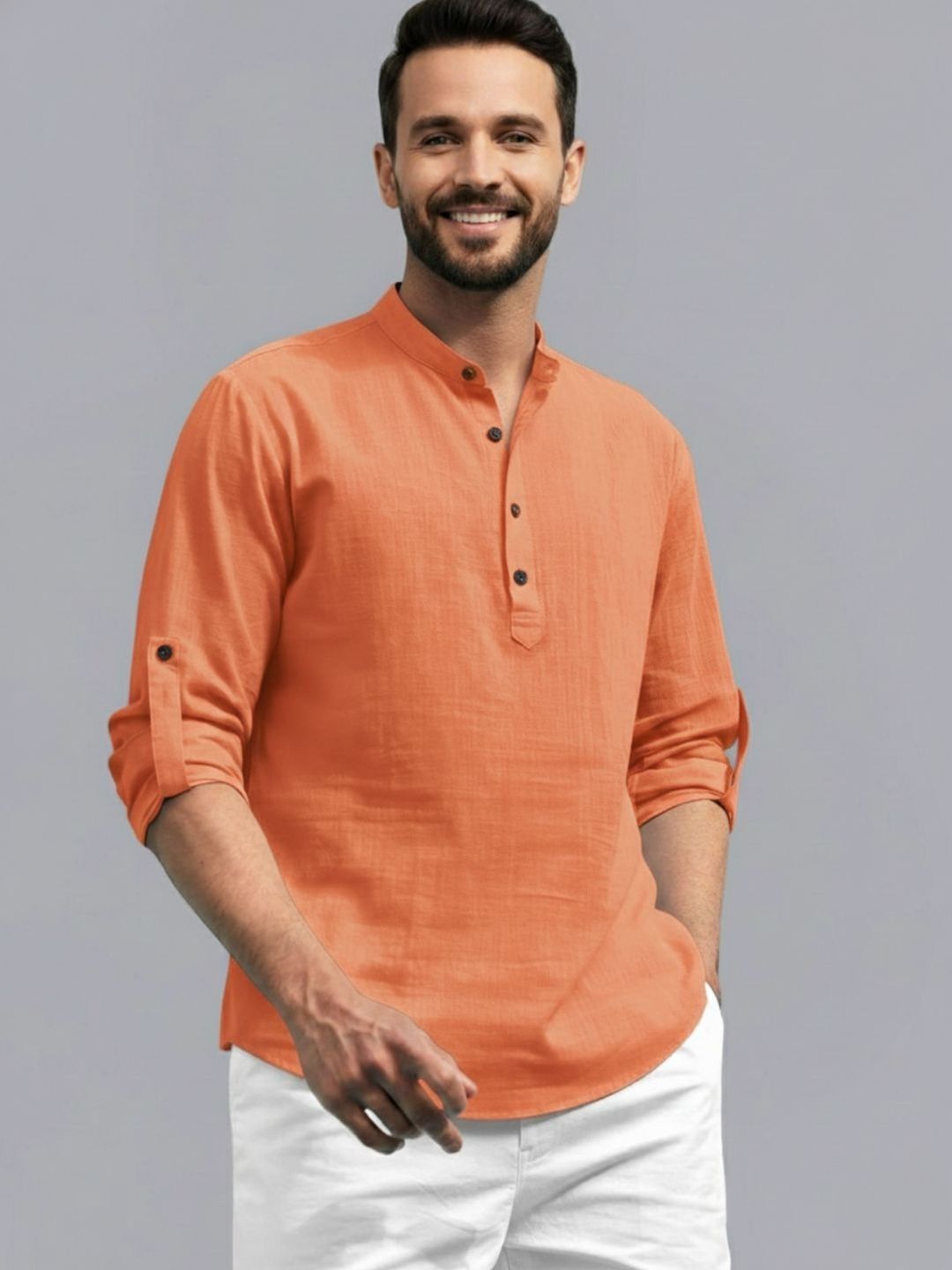 Zee Gold Men Mandarin Collar Roll-Up Sleeves Cotton Straight Kurta