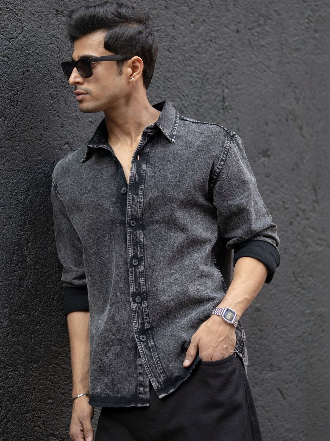 Powerlook Washed Denim Faded Cotton Long Sleeves Shirt