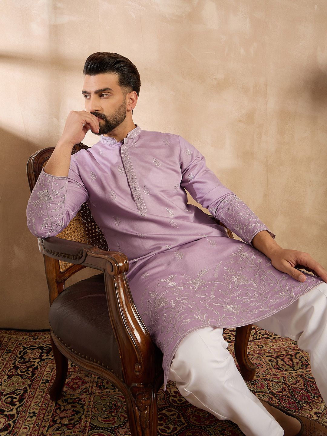 House of Pataudi House of Pataudi Embroidered  Mandarin Collar Kurta & Trousers Kurta Sets