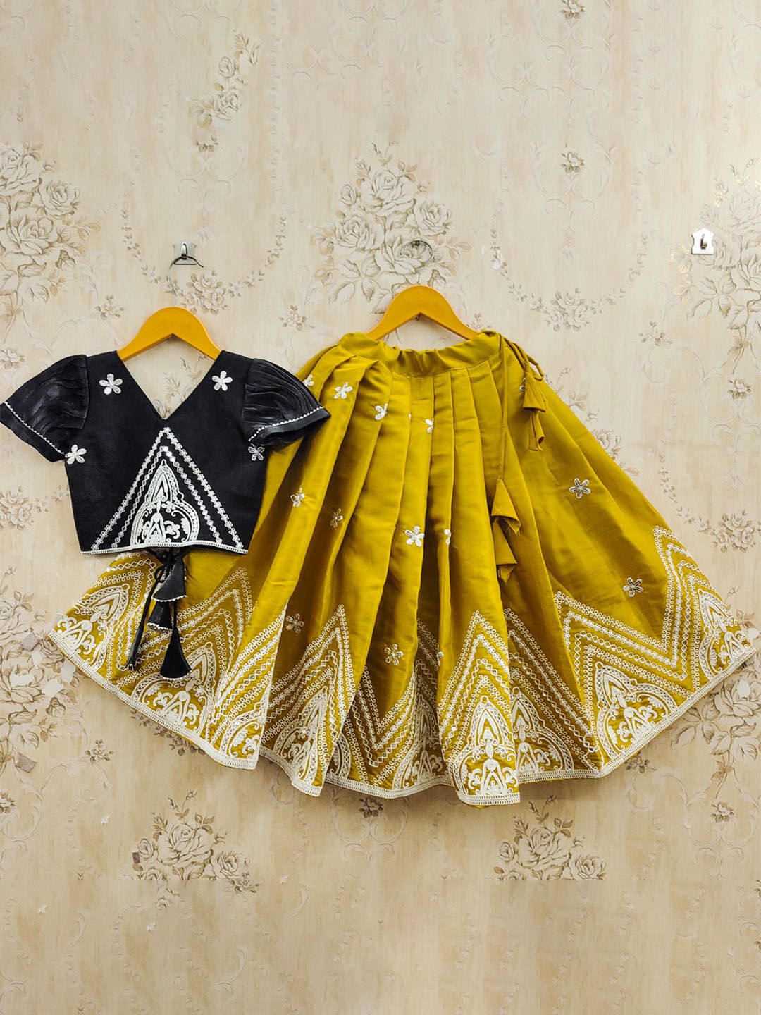 JOVK DESIGN Girls Embroidered Thread Work Tie and Dye Semi-Stitched Lehenga &