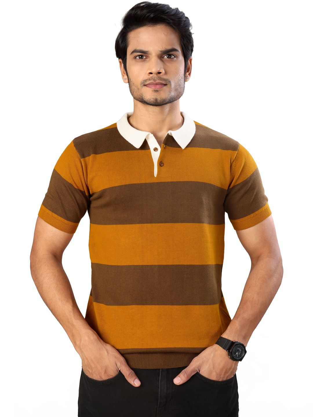 R.Code by The Roadster Life Co. Striped Polo Collar T-shirt