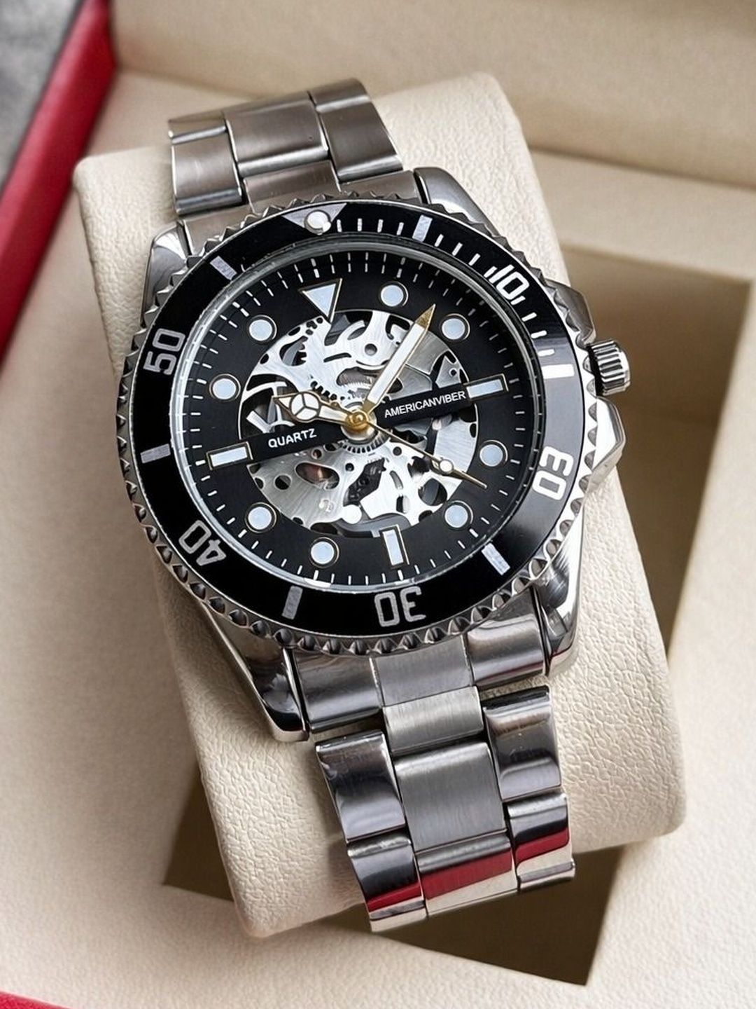 Americanviber Skeleton Dial & Bracelet Style Straps Analogue Watch AVM0044 SILVER