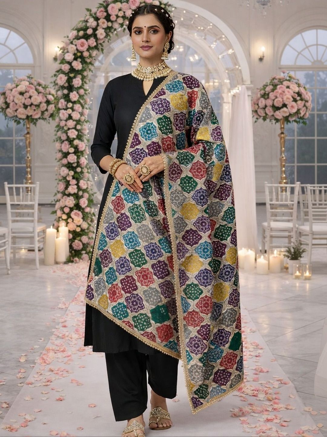 HERE&NOW Ethnic Motifs Woven Design Bandhani Dupatta with Zari