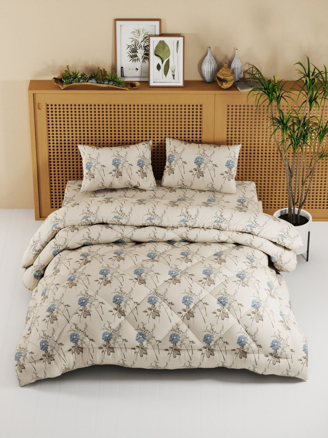 KOPA White & Blue Floral Other 4 Piece Double King Regular Bedding Set