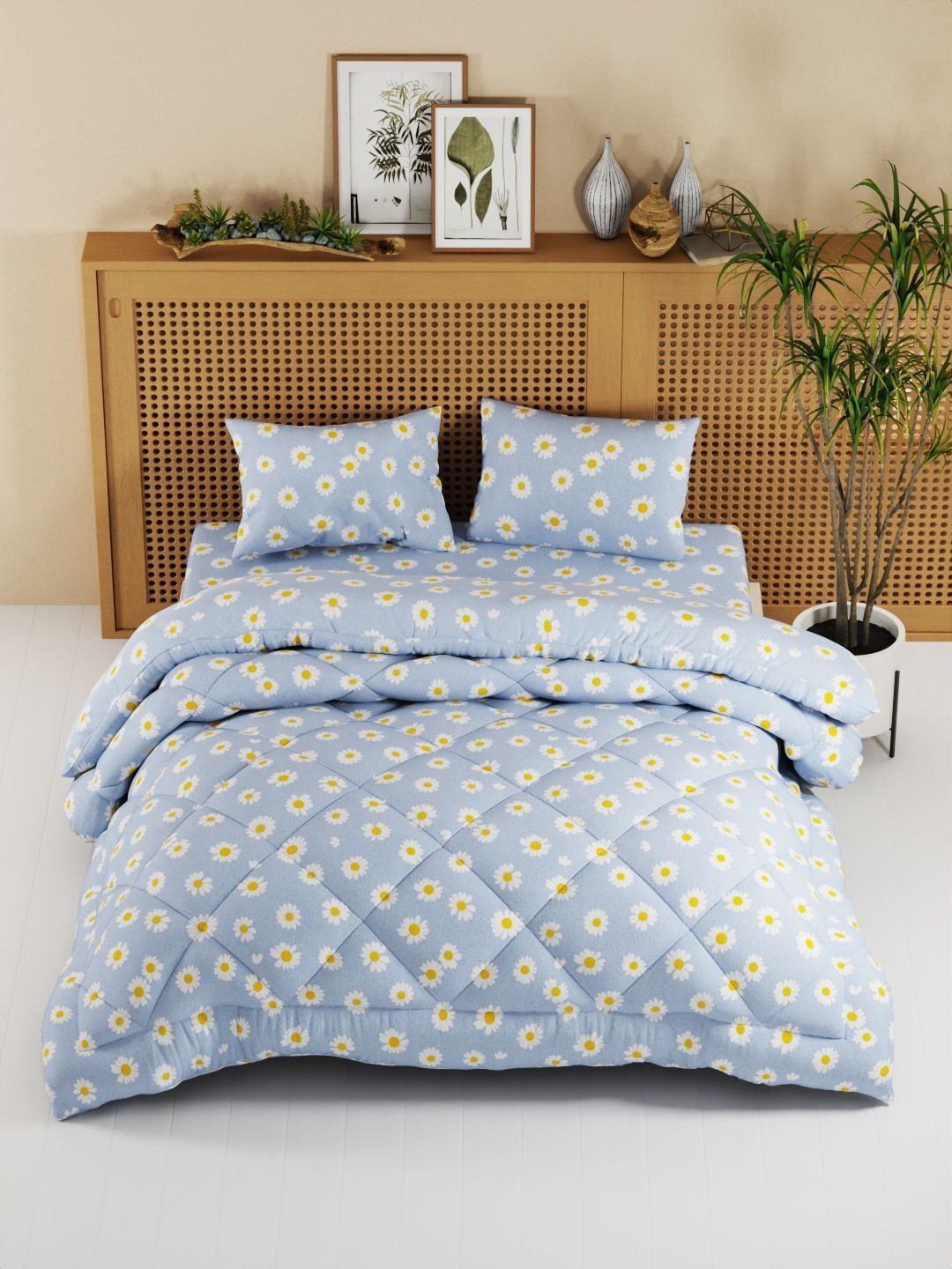 KOPA Blue & Yellow Floral Other 4 Piece Double King Regular Bedding Set