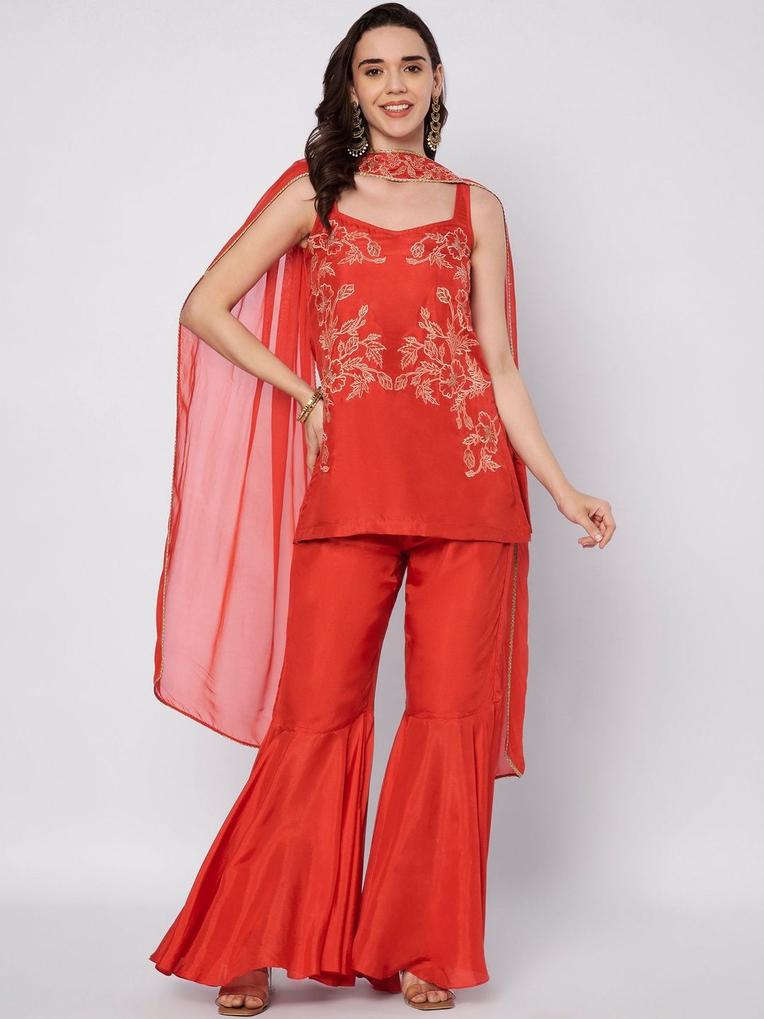 SILCHIC Ethnic Motifs Embroidered Regular Thread Work Kurti With Sharara With Dupatta