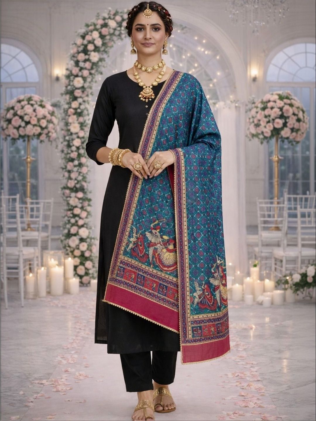 HERE&NOW Ethnic Motifs Printed Kalamkari Dupatta With Gotta Patti