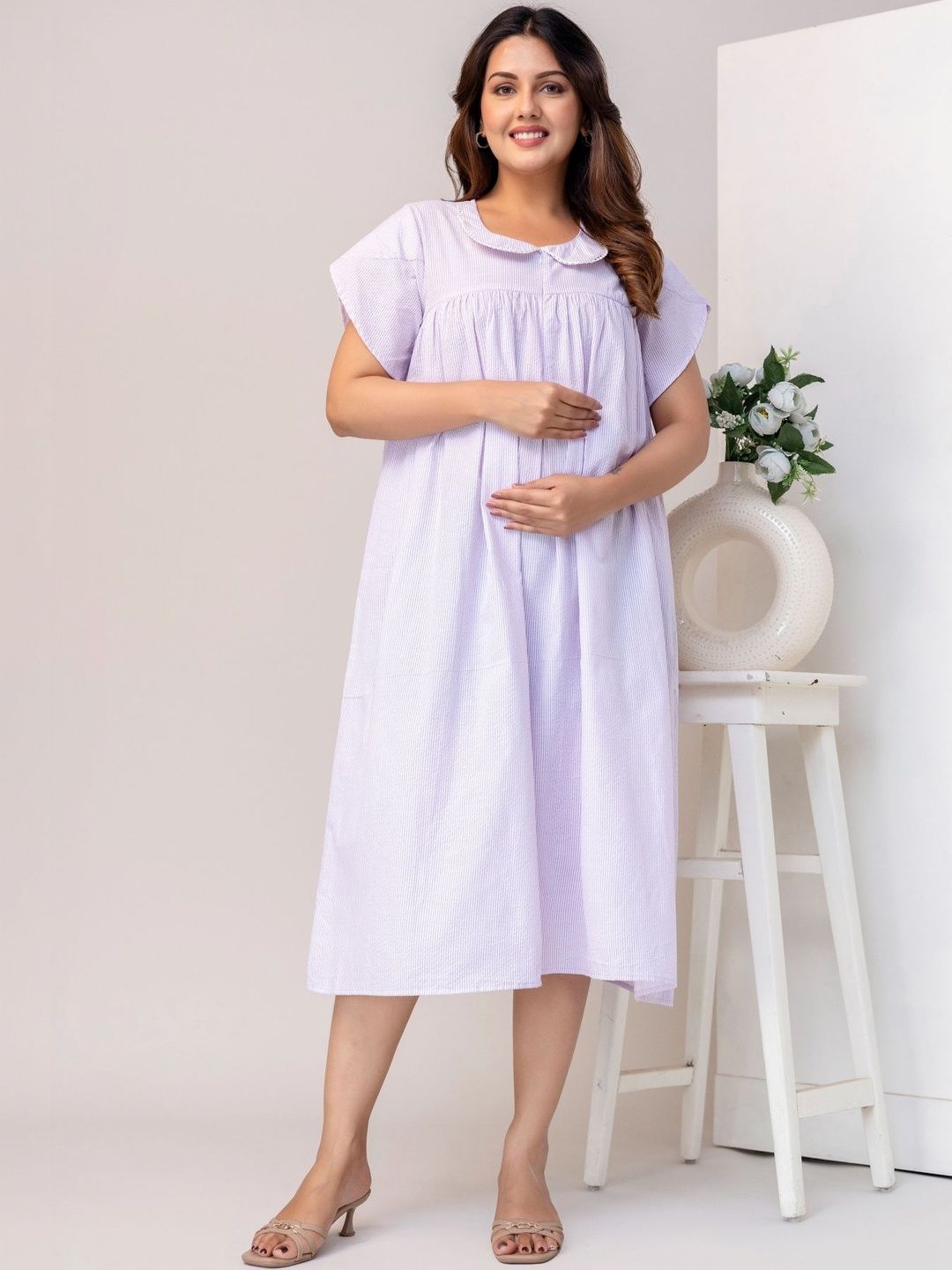 ANNA MONNA Striped Thread Work Maternity Cotton Flared Dress