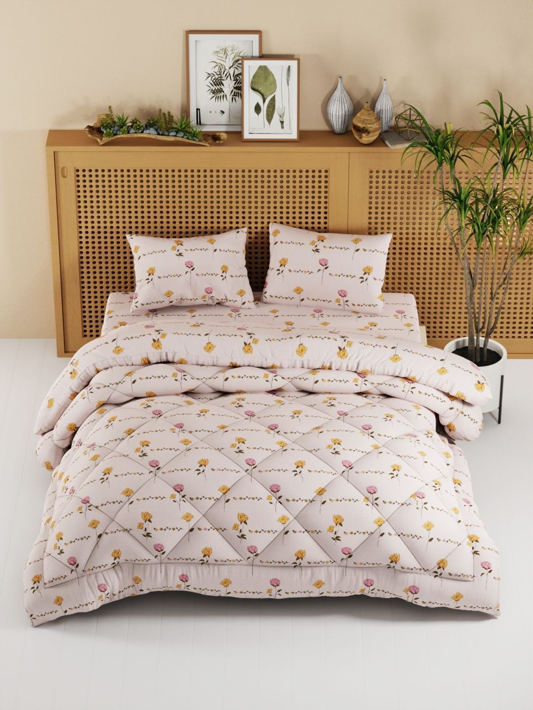 KOPA Pink & Yellow Floral Other 4 Piece Double King Regular Bedding Set