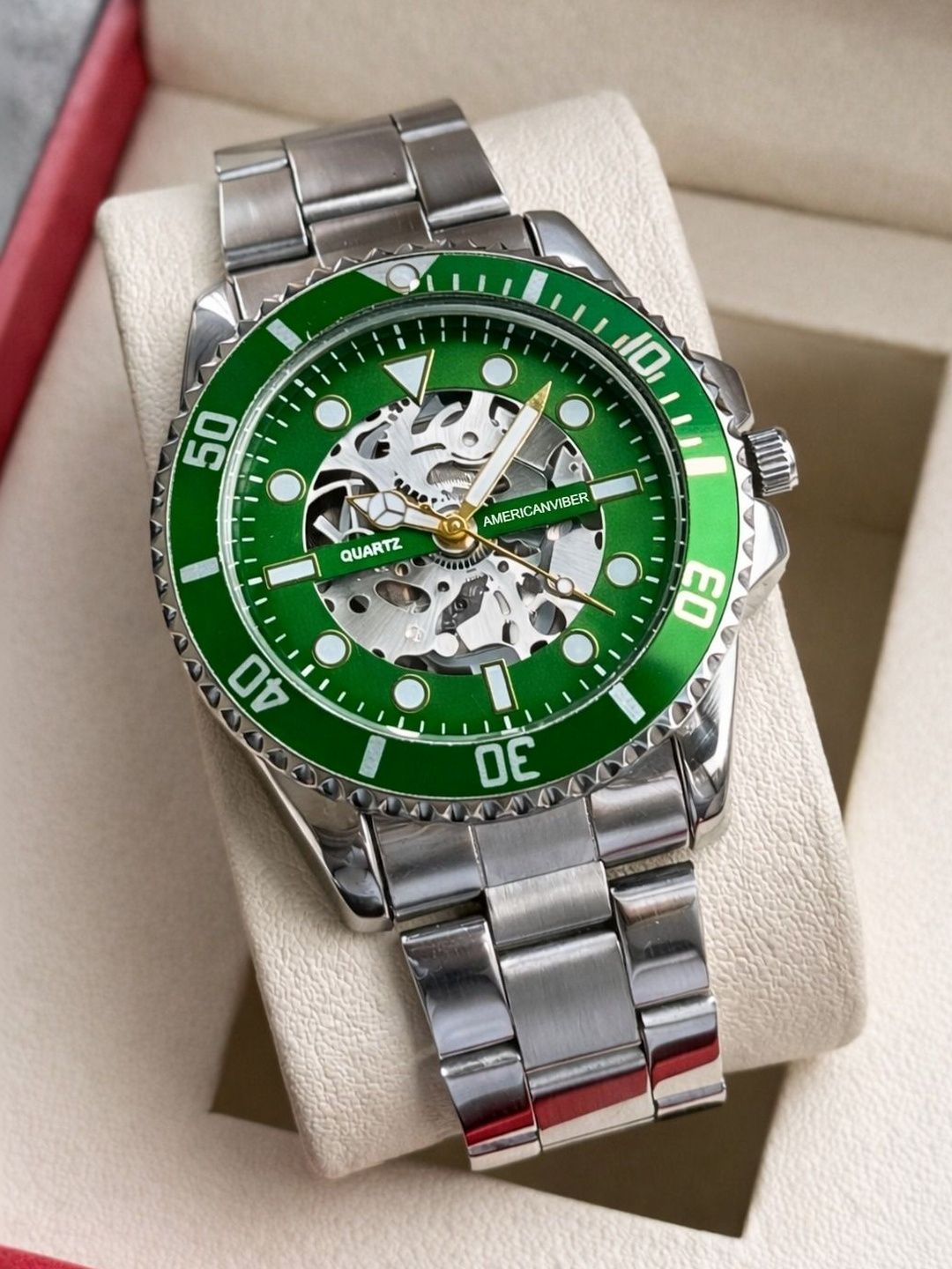 Americanviber Unisex Skeleton Dial & Stainless Steel Bracelet Style Straps Analogue Multi Function Watch