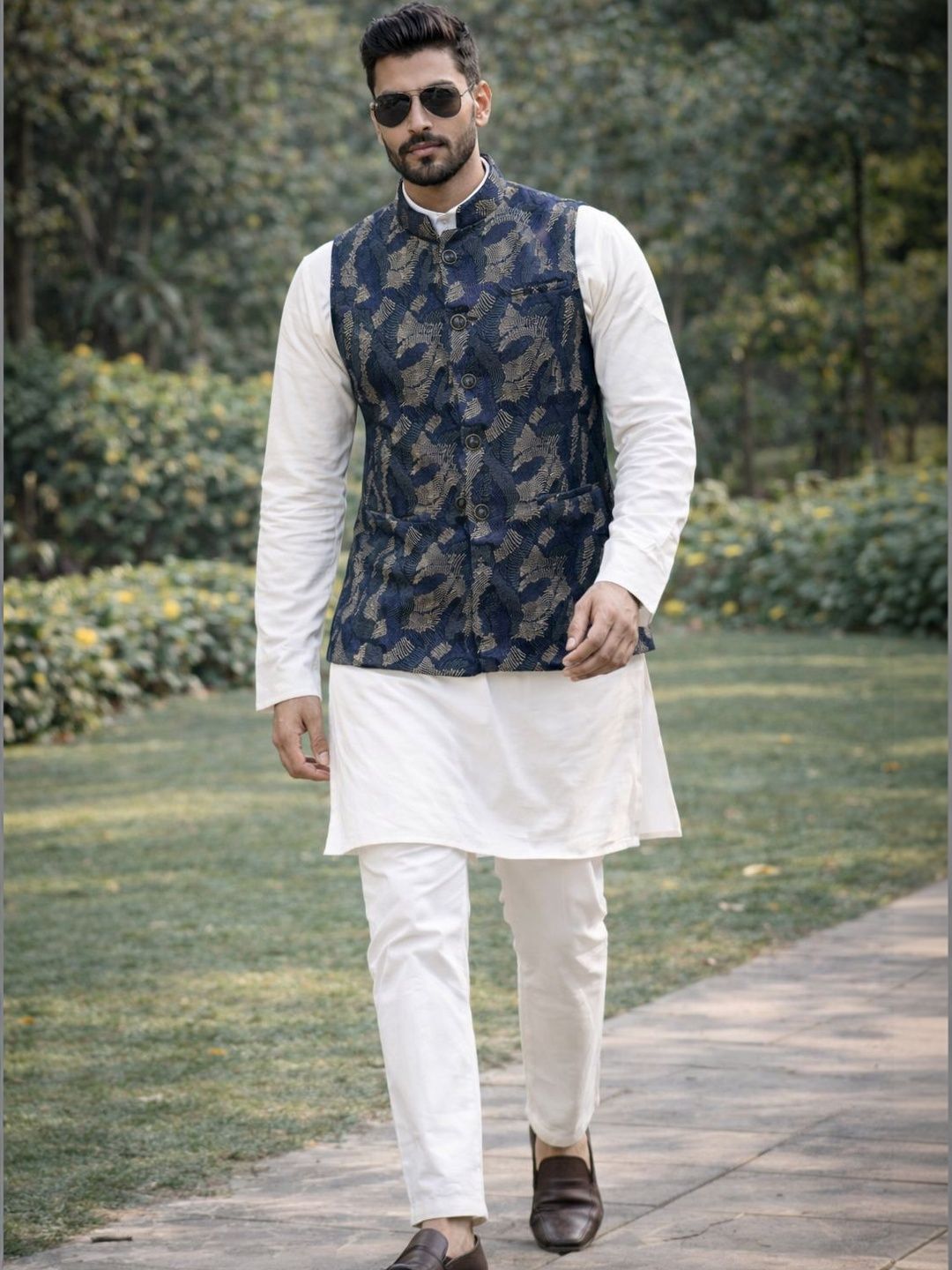 House of Pataudi Woven Designed Mandarin Collar Nehru Jacket