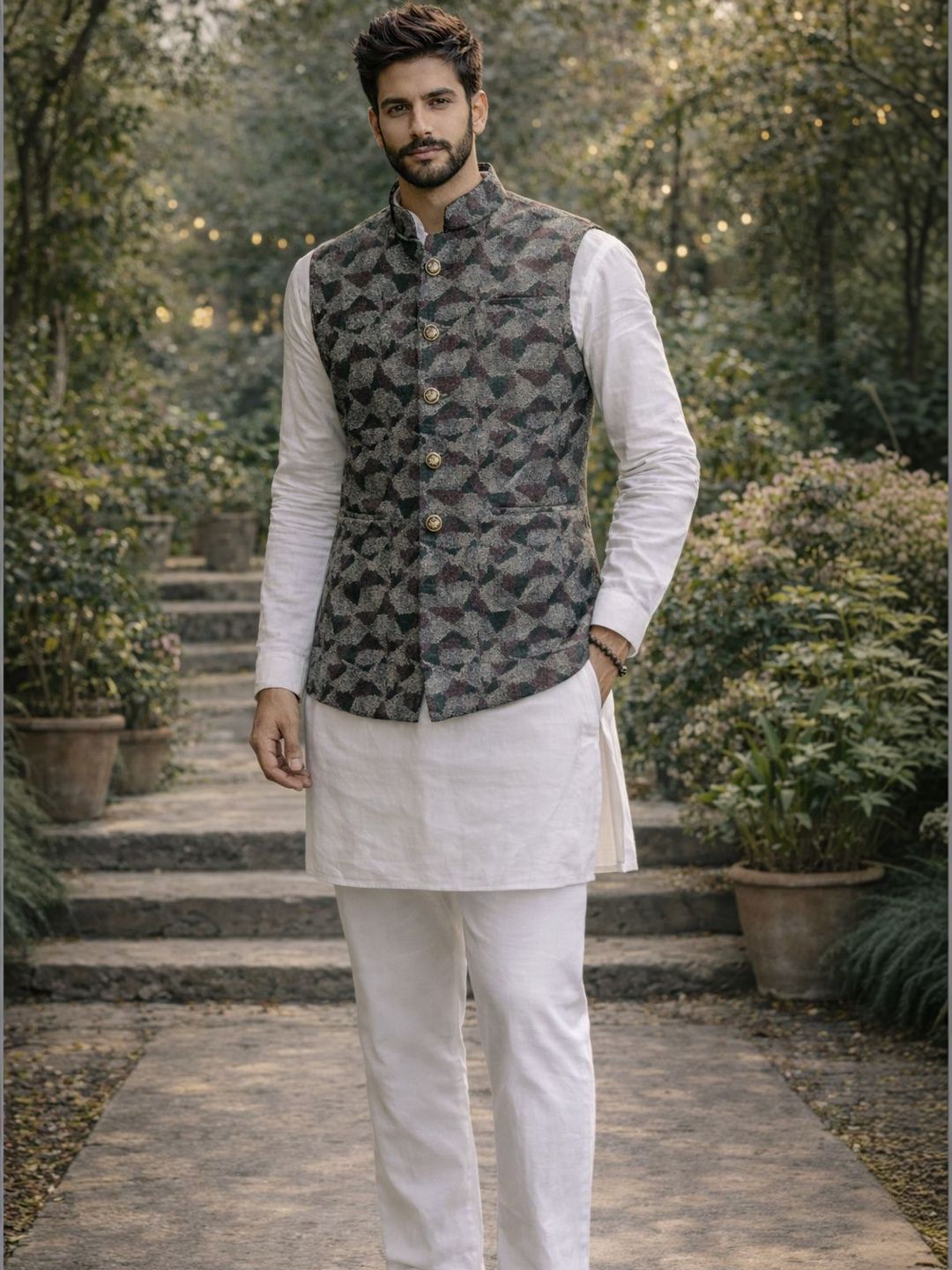 House of Pataudi Woven Designed Mandarin Collar Nehru Jacket