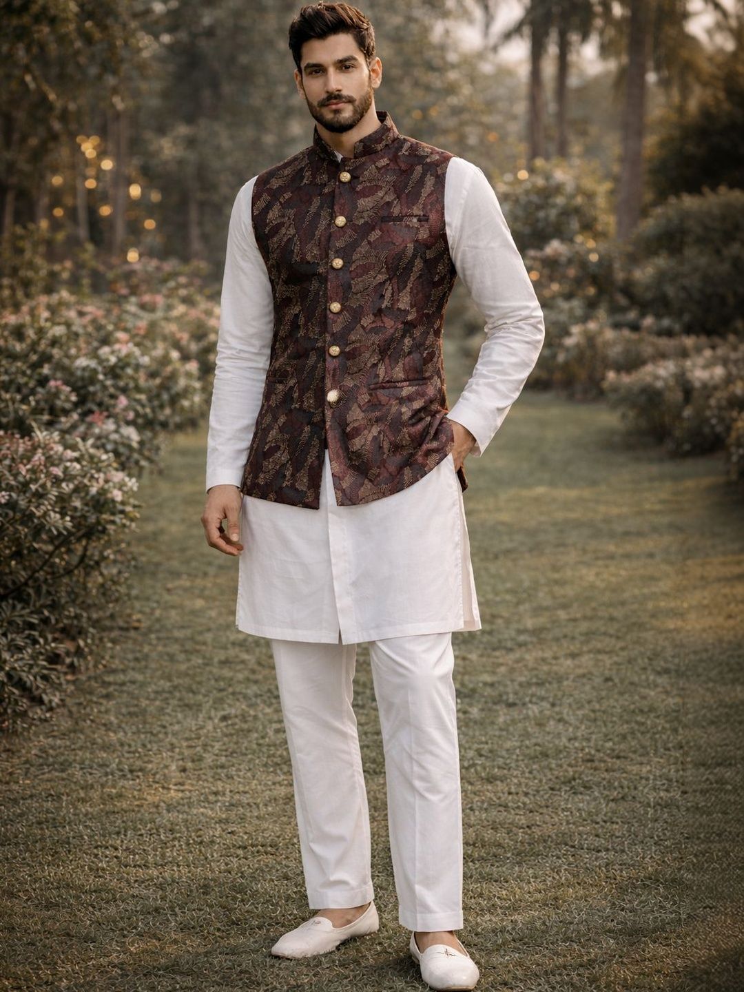 House of Pataudi Woven Designed Mandarin Collar Nehru Jacket