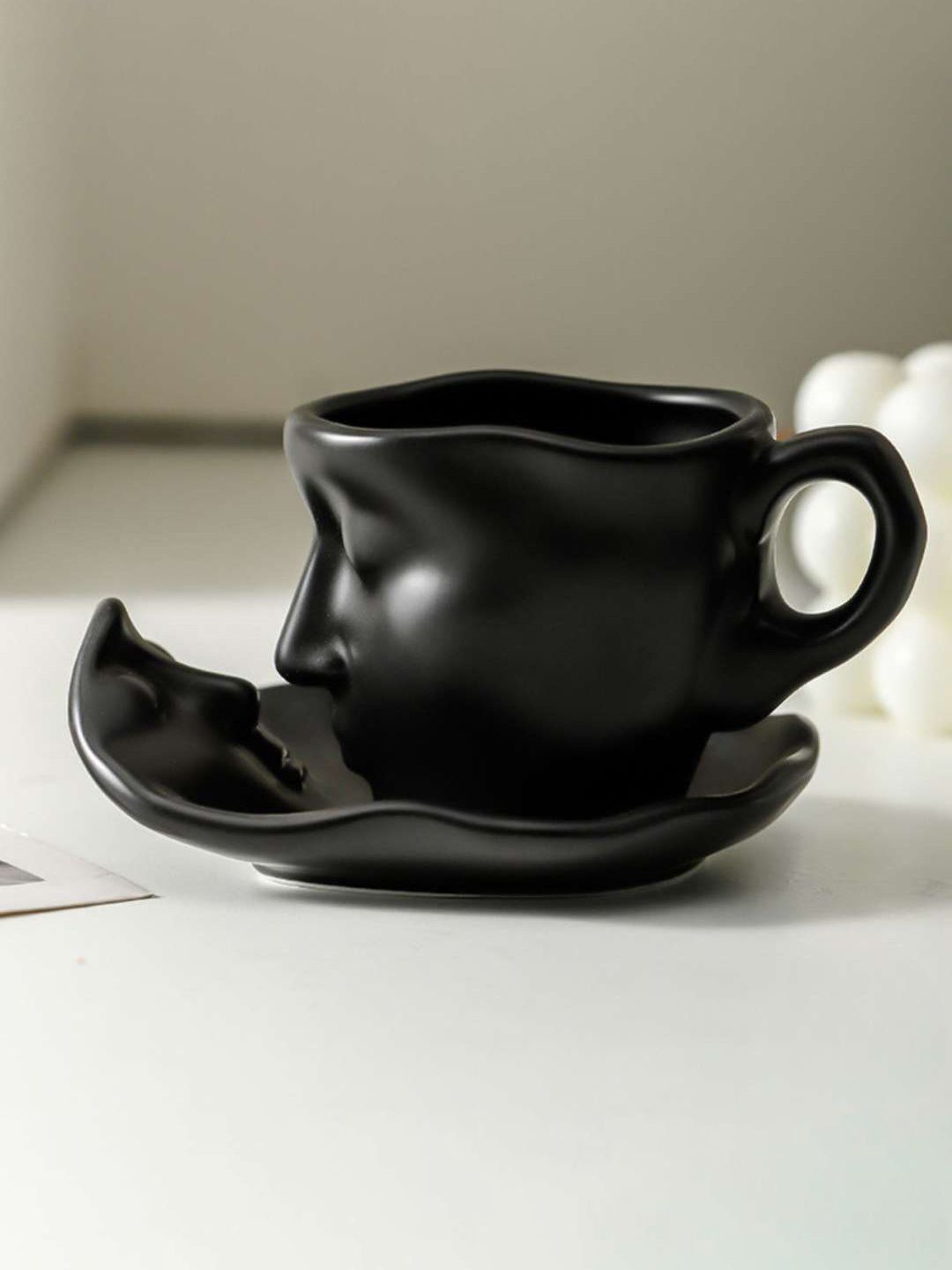 NOSCOMP Black Artistic Face Profile Ceramic Glossy Cups And Saucers