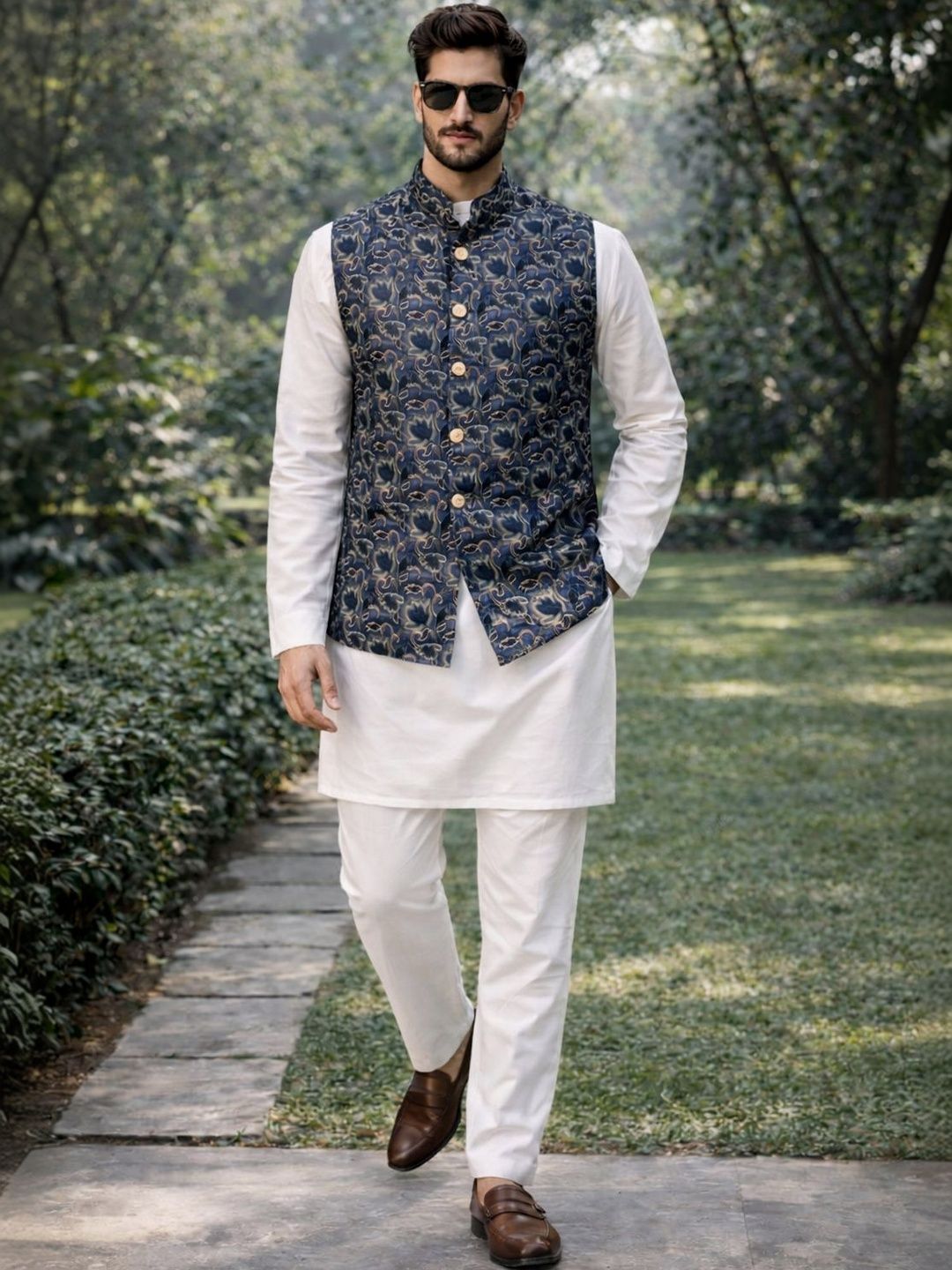 House of Pataudi Woven Designed Mandarin Collar Nehru Jacket