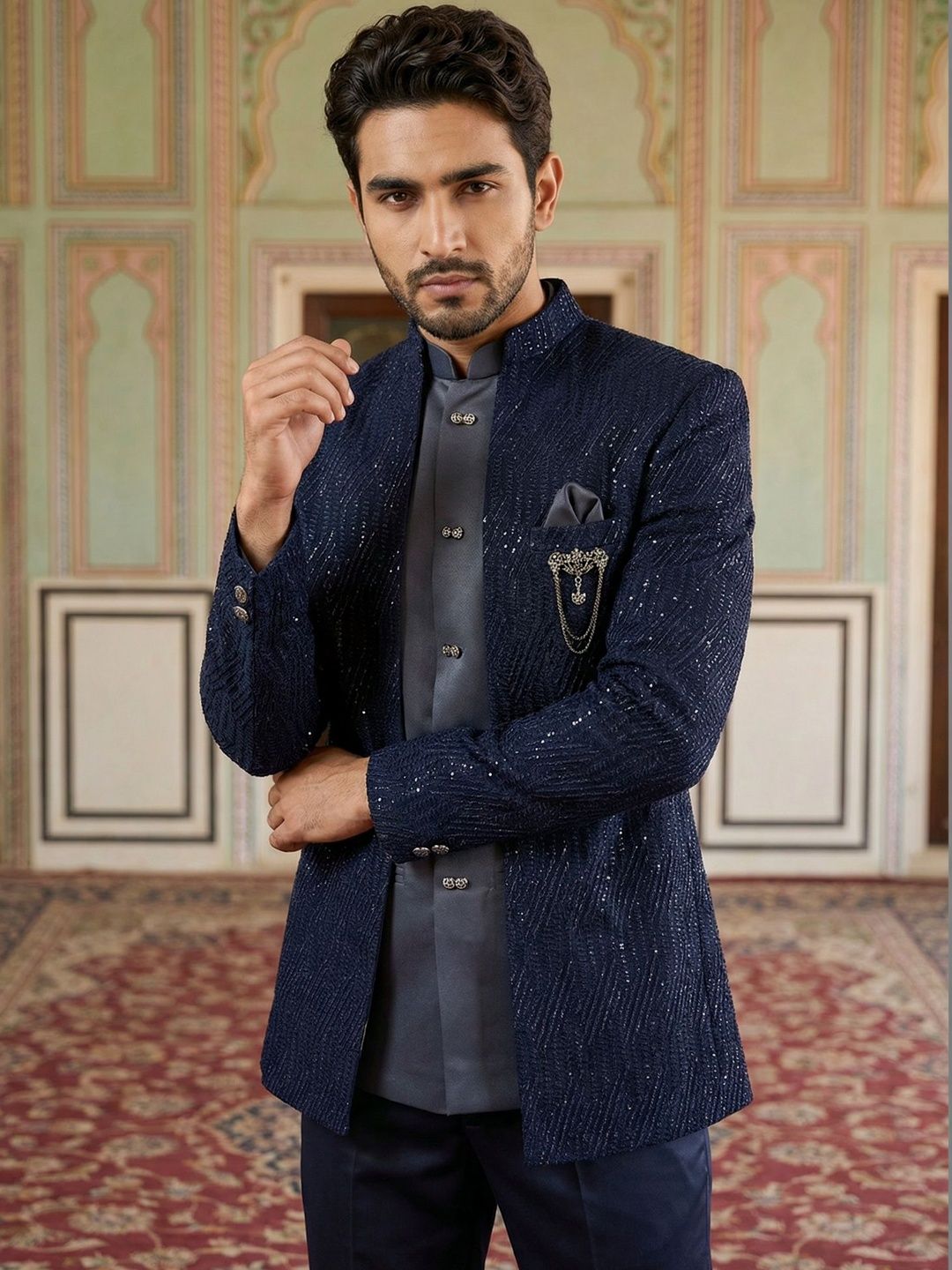 Jompers Embroidered Mandarin Collared Sherwani Set