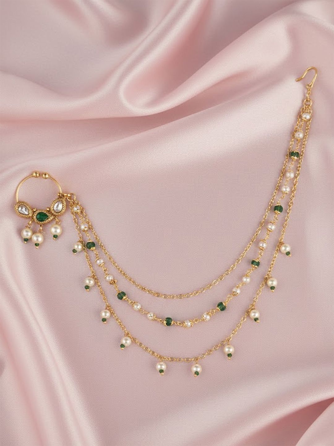 Adwitiya Collection Gold-Plated Green Stone-Studded & Beaded Chained Nose Ring