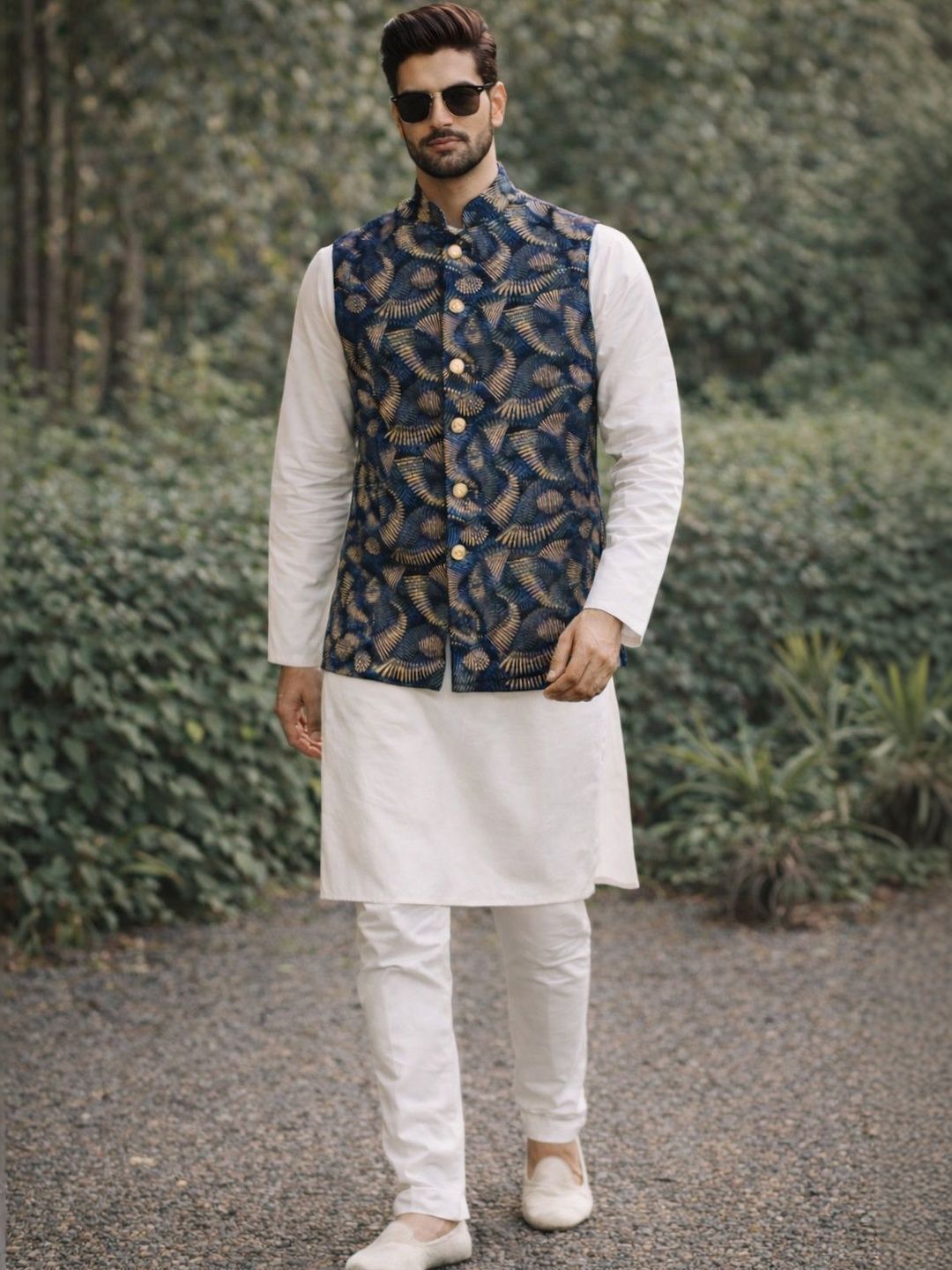 House of Pataudi Woven Designed Mandarin Collar Nehru Jacket