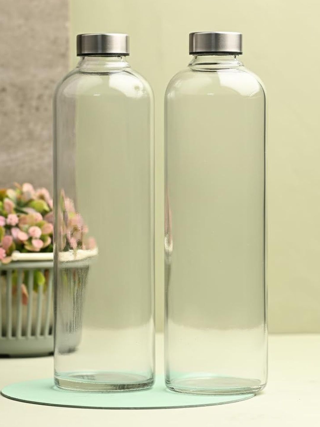 1ST TIME Transparent & Nude-Coloured Set of 2 Glass Colourblocked Water Bottle