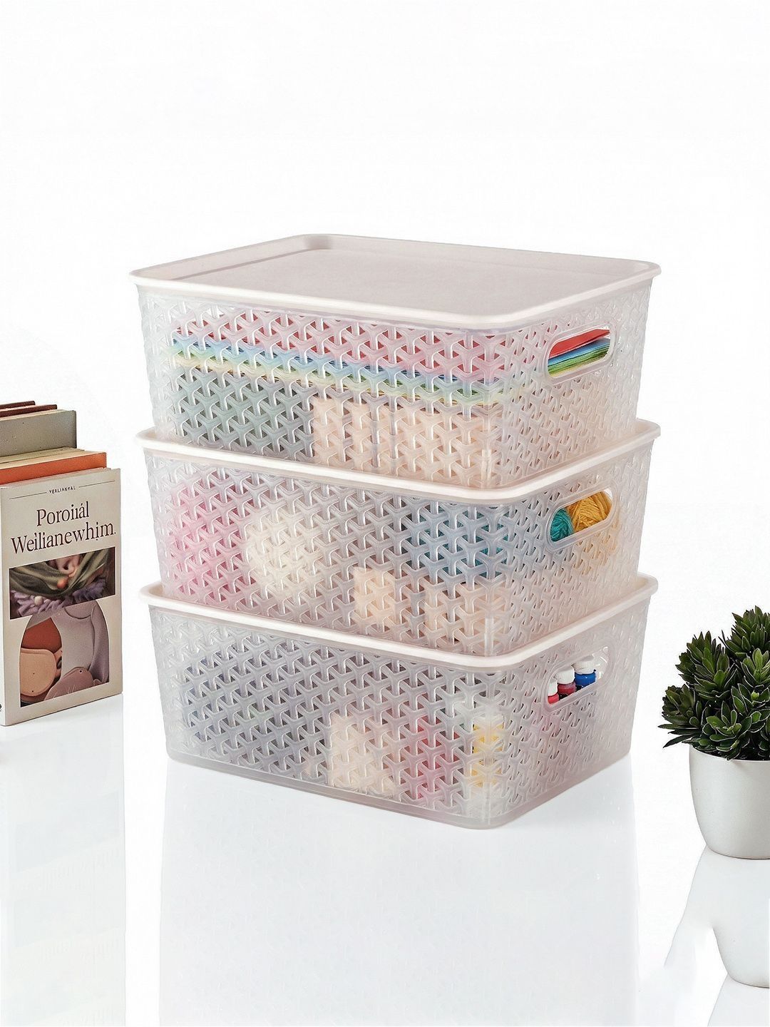 Kuber Industries 3 Pcs Transparent Medium Size Storage Basket Organisers with Lid & Handle