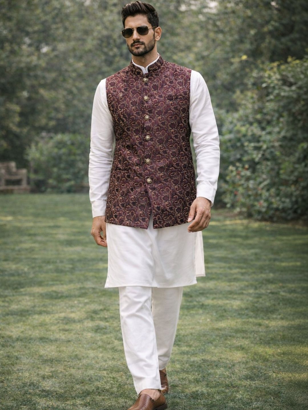 House of Pataudi Woven Designed Mandarin Collar Nehru Jacket