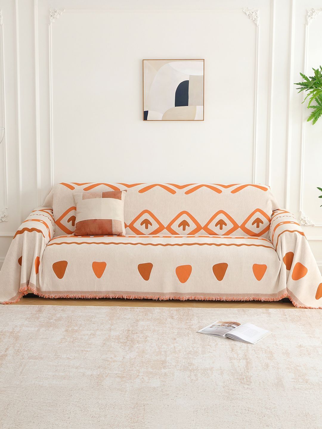 Story@home Off White & Cream-Coloured Printed 1 Piece Sofa Cover