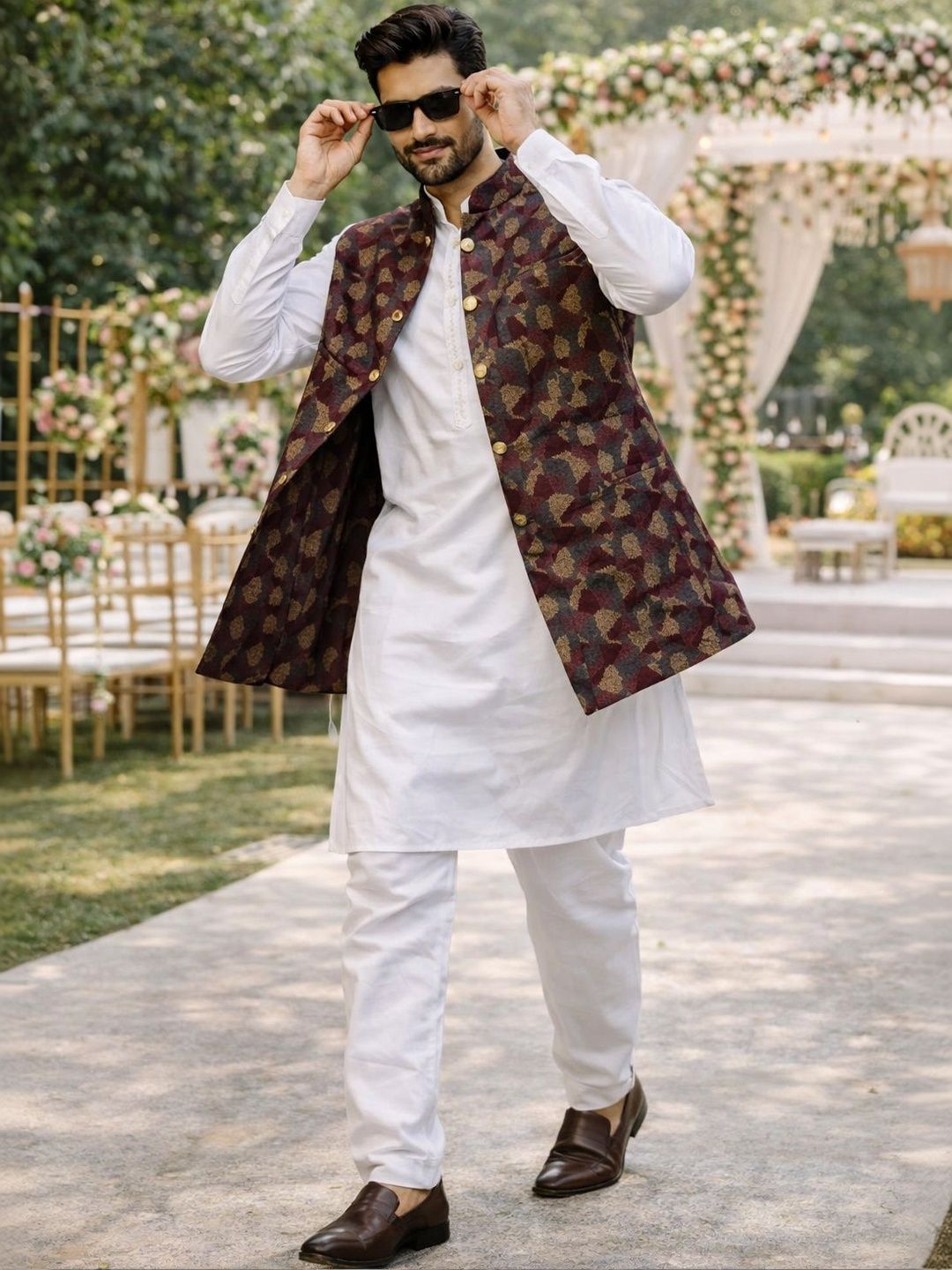 House of Pataudi Woven Designed Mandarin Collar Nehru Jacket