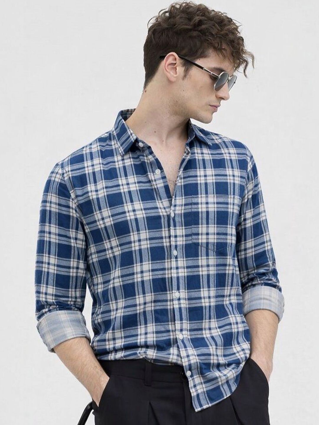 The Roadster Lifestyle Co Checked Pure Cotton Spread Collar Shirt