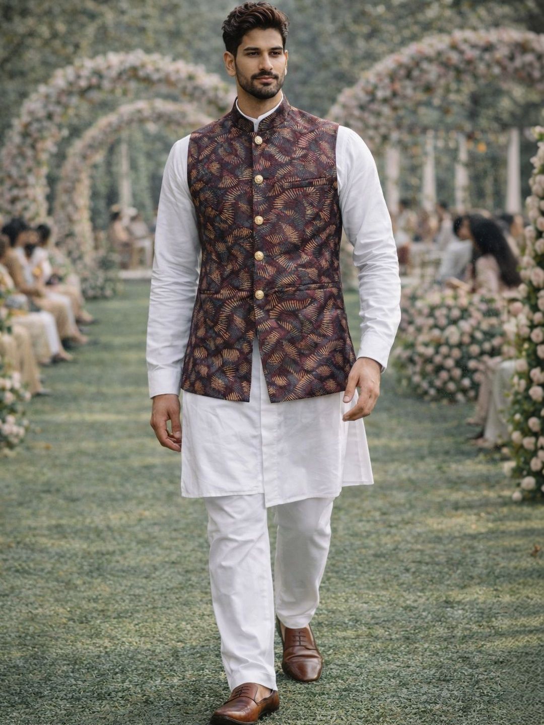 House of Pataudi Woven Designed Mandarin Collar Nehru Jacket