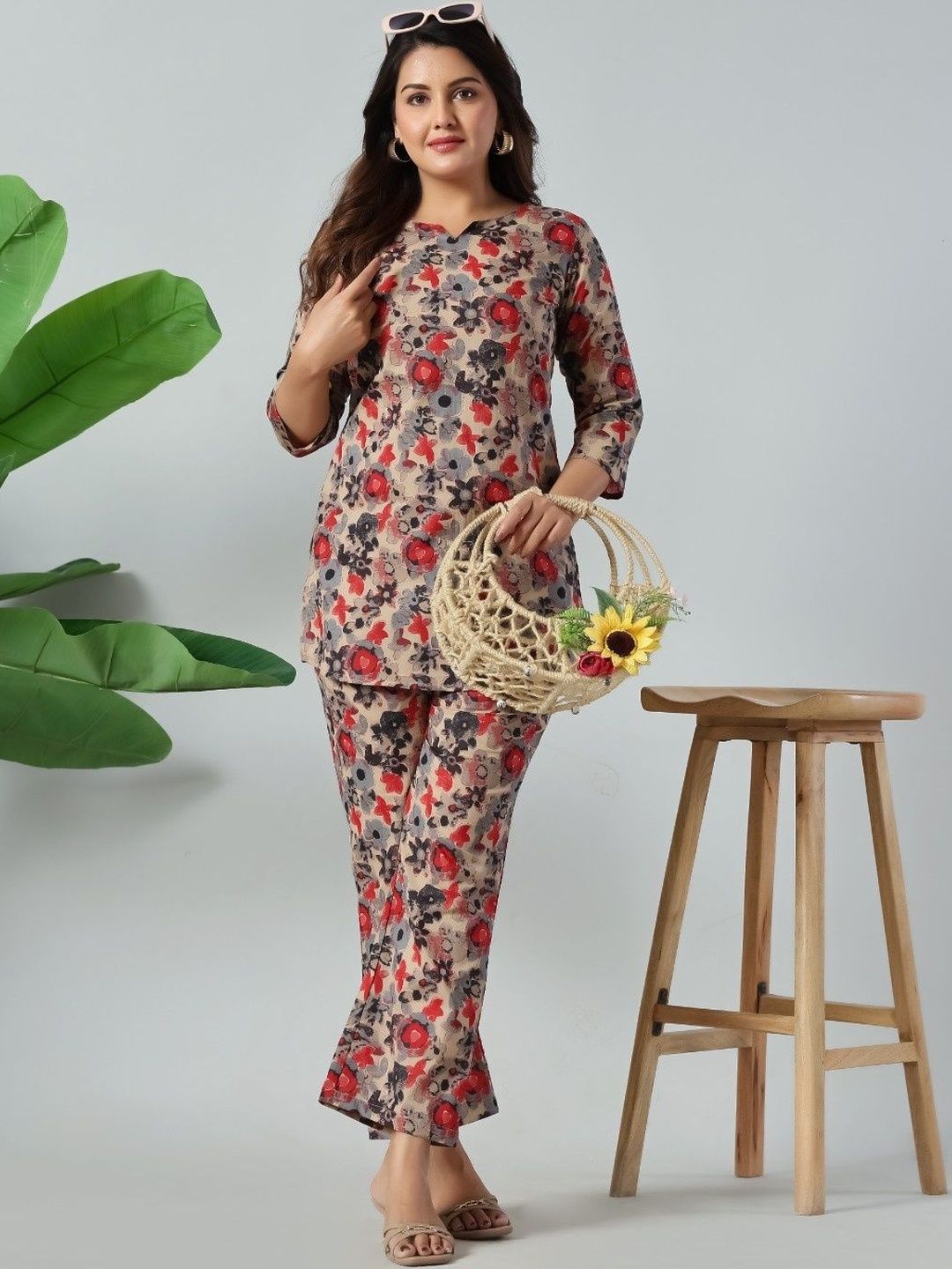 Sangria Floral Cotton Printed Tunic with Trousers
