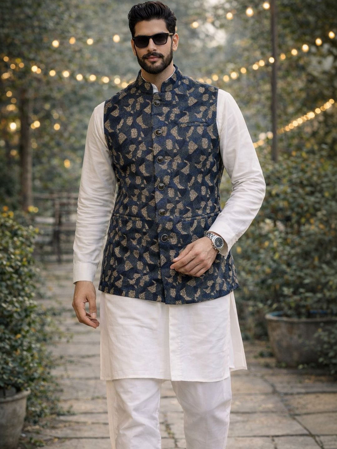 House of Pataudi Woven Designed Mandarin Collar Nehru Jacket
