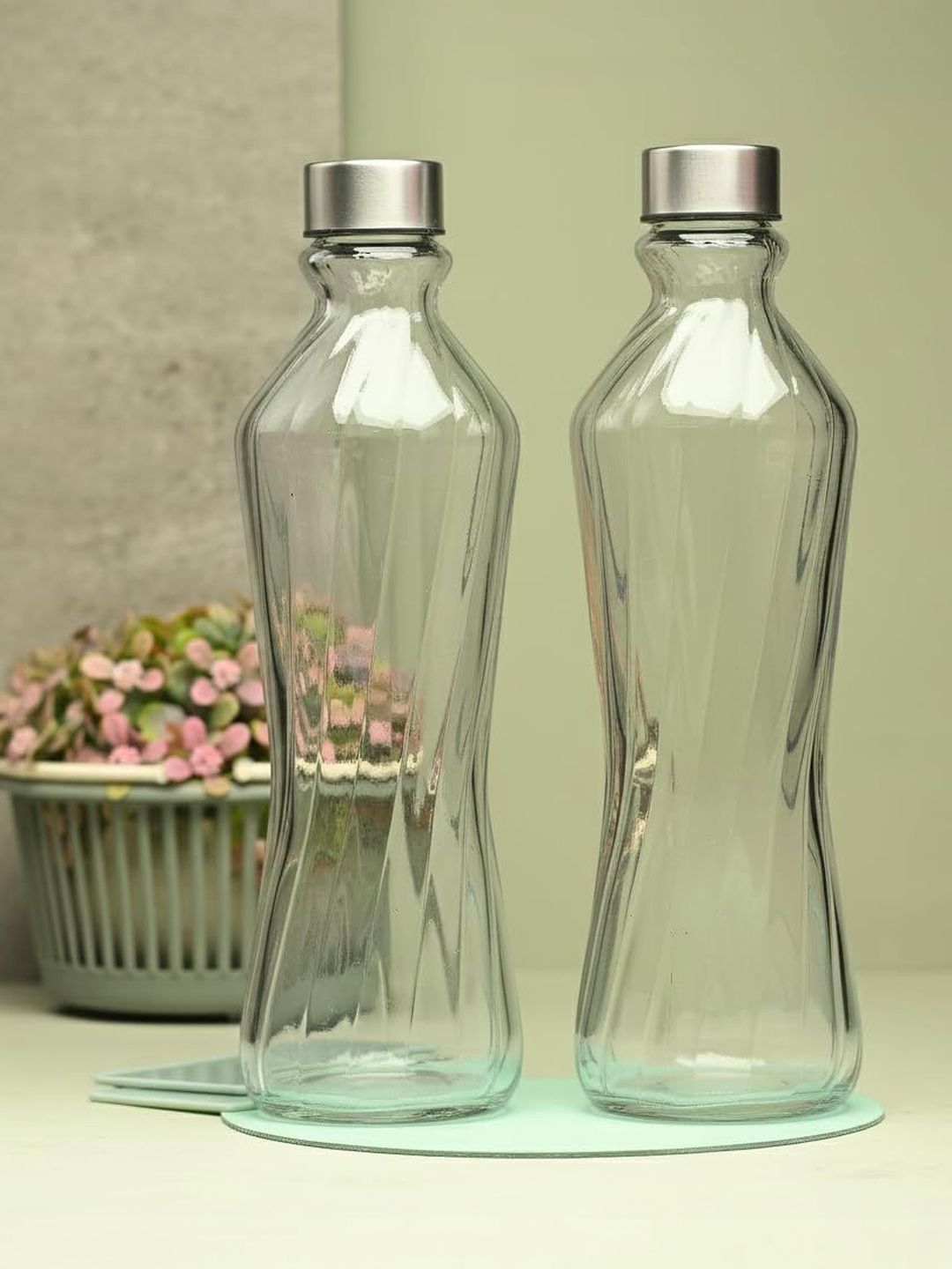 1ST TIME Transparent & Nude-Coloured Set of 2 Glass Colourblocked Water Bottle