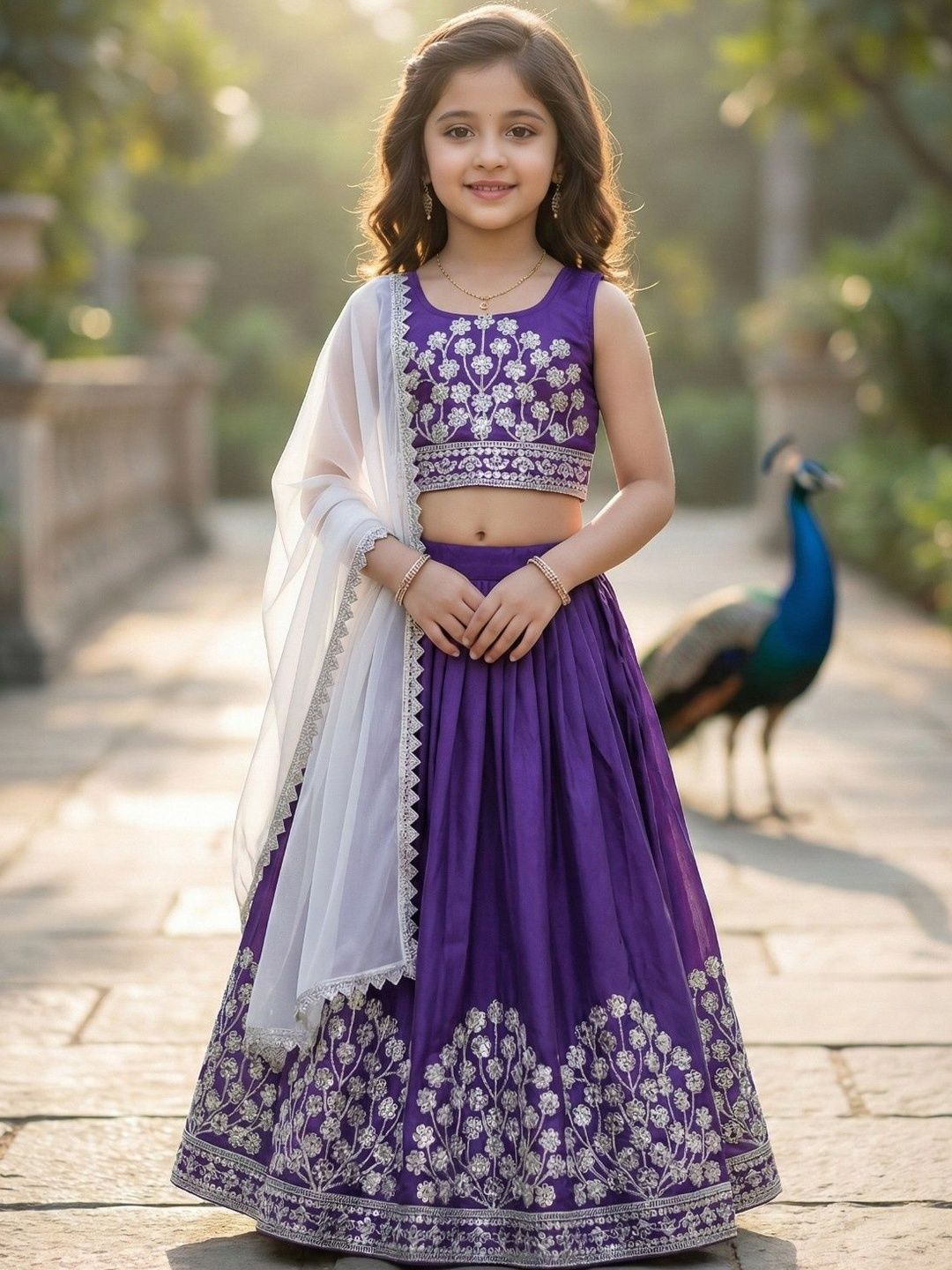 KALINI Girls Embroidered Thread Work Semi-Stitched Lehenga & Blouse With Dupatta