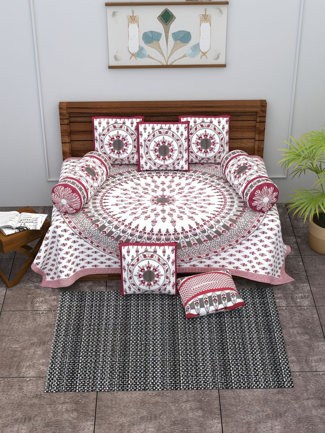 Monik Handicrafts Maroon & White Jaipuri Printed Cotton 8-Pcs Diwan Set
