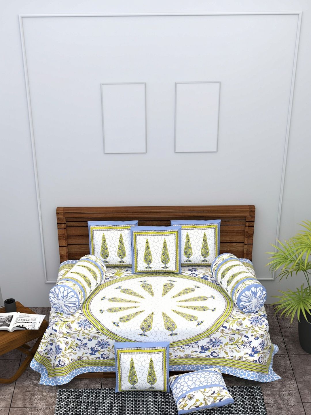 Monik Handicrafts Blue & Yellow Jaipuri Printed Cotton 8-Pcs Diwan Set