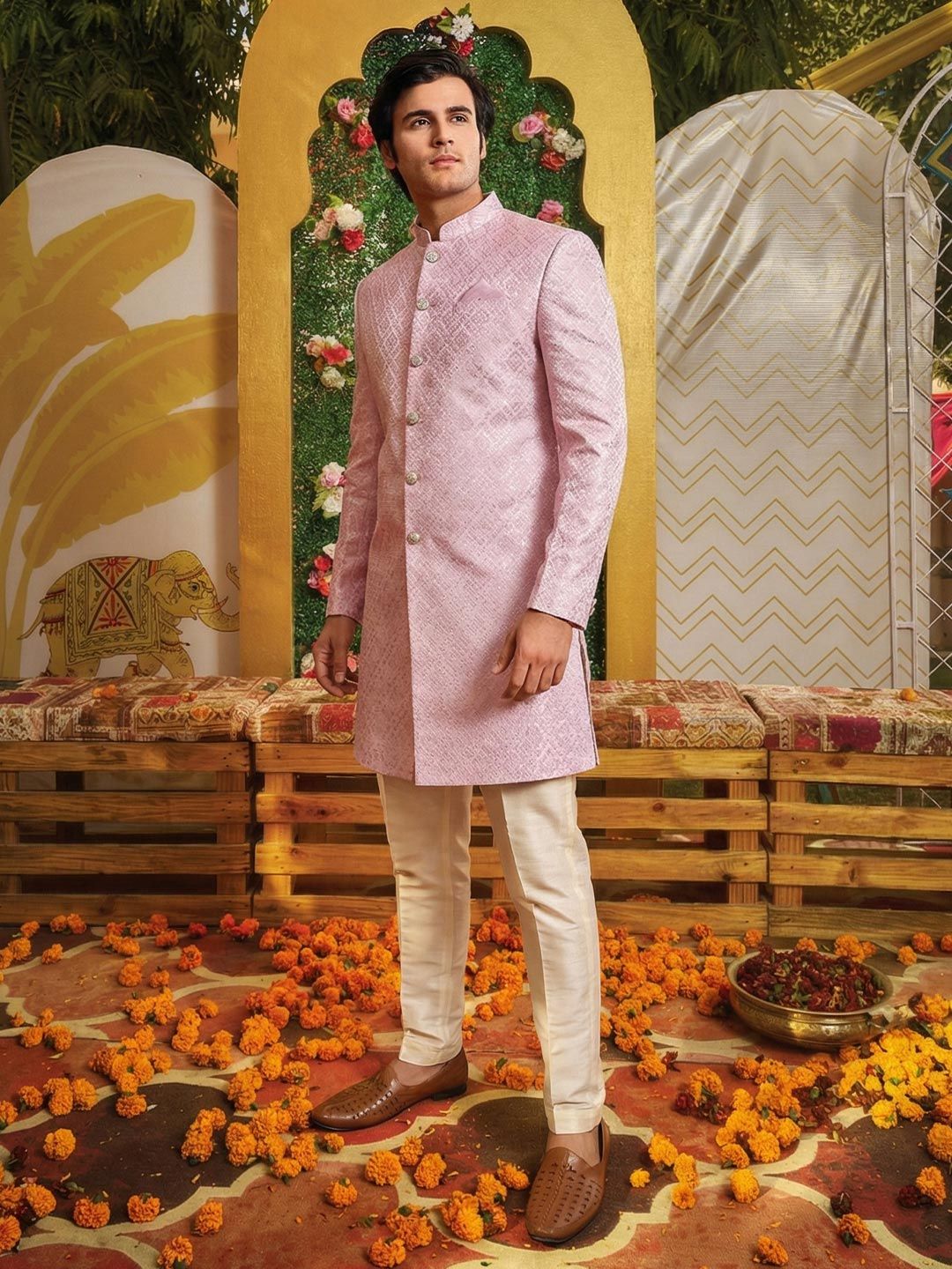 KISAH Men Self Design Mandarin Collar Indowestern Sherwani Set