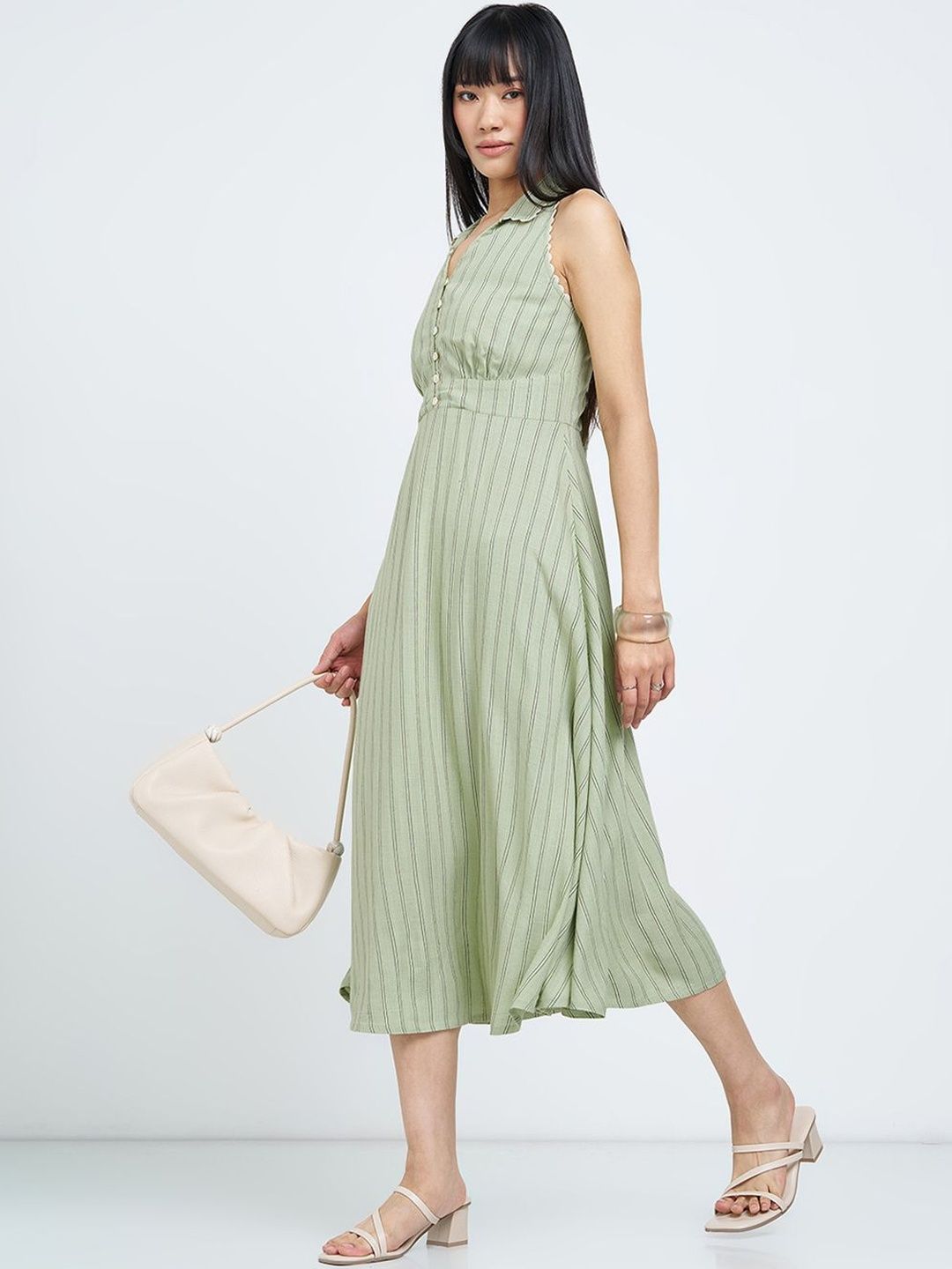 Striped Fit & Flare Midi Dress Honey by Pantaloons Striped Ruffled Fit & Flare Midi Dress